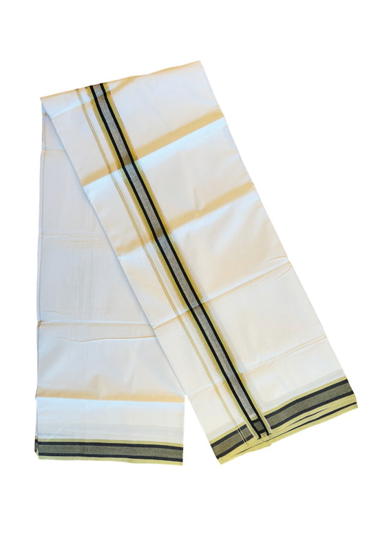 19% DISCOUNT!!! KaithariKada Balaramapuram 100% Cotton Double PURE white Mundu/Dhoti-100x100  Silver kasavu light yellow & black shaded  kara  - 31KK83VIN