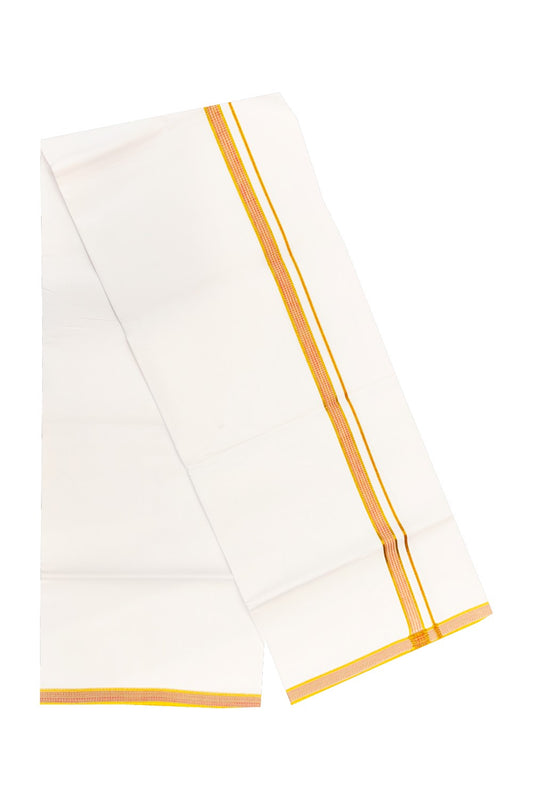 20% OFFER!! KaithariKada 100% Cotton PURE WHITE SINGLE Mundu/Dhoti-40X40 Designer Yellow+Orange & Kasavu Zazri 3 cm (2 meter / 4 muzham) Kara- 31sar