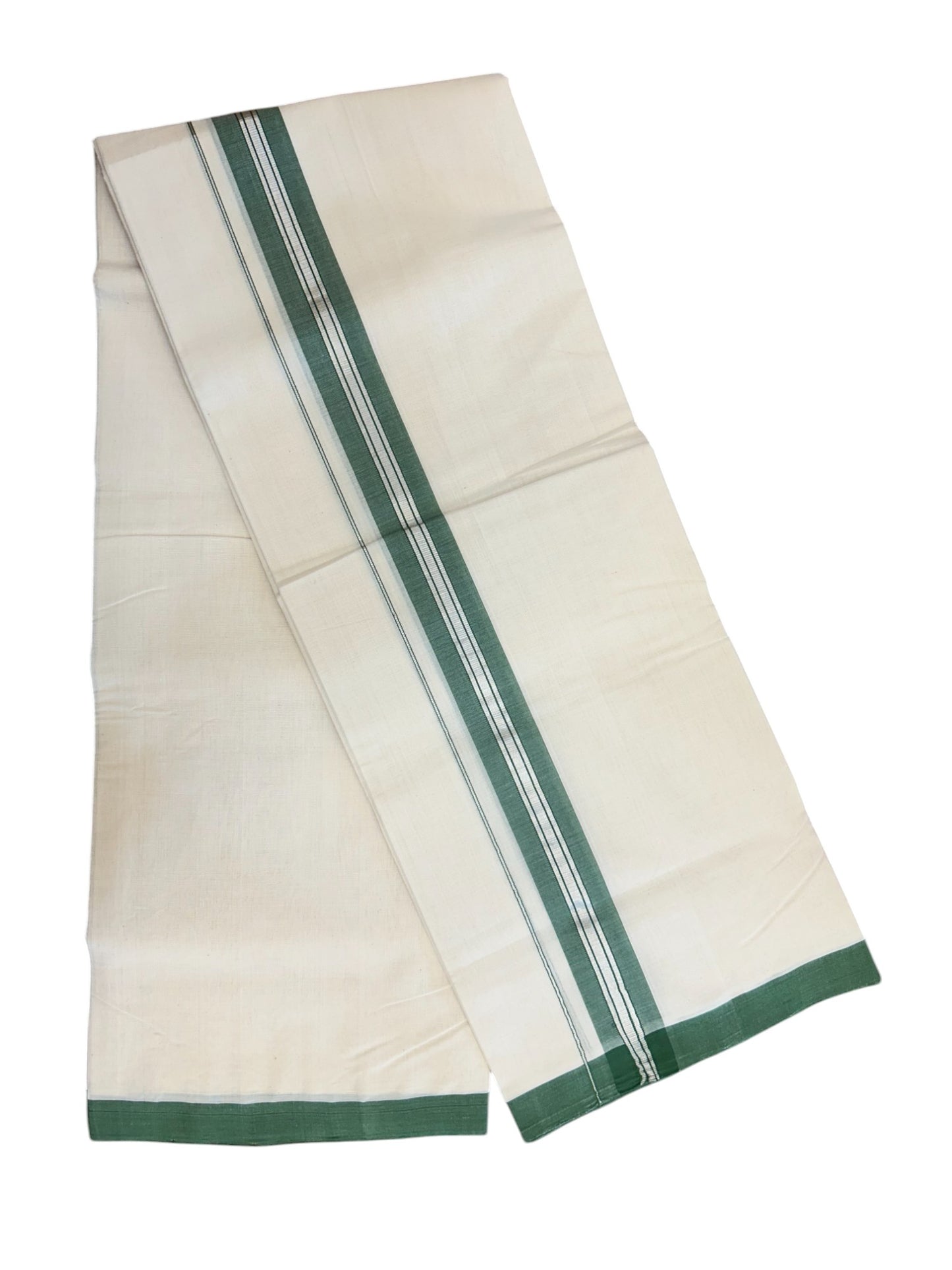 31% DISCOUNT!! KaithariKada HANDLOOM Millpaav Balaramapuram - 100% PURE Cotton OFF White Double - (Unbleached) Mundu/Dothi - 1.75 Inch Silver Kasav Green Kara - 31kk5153RAM