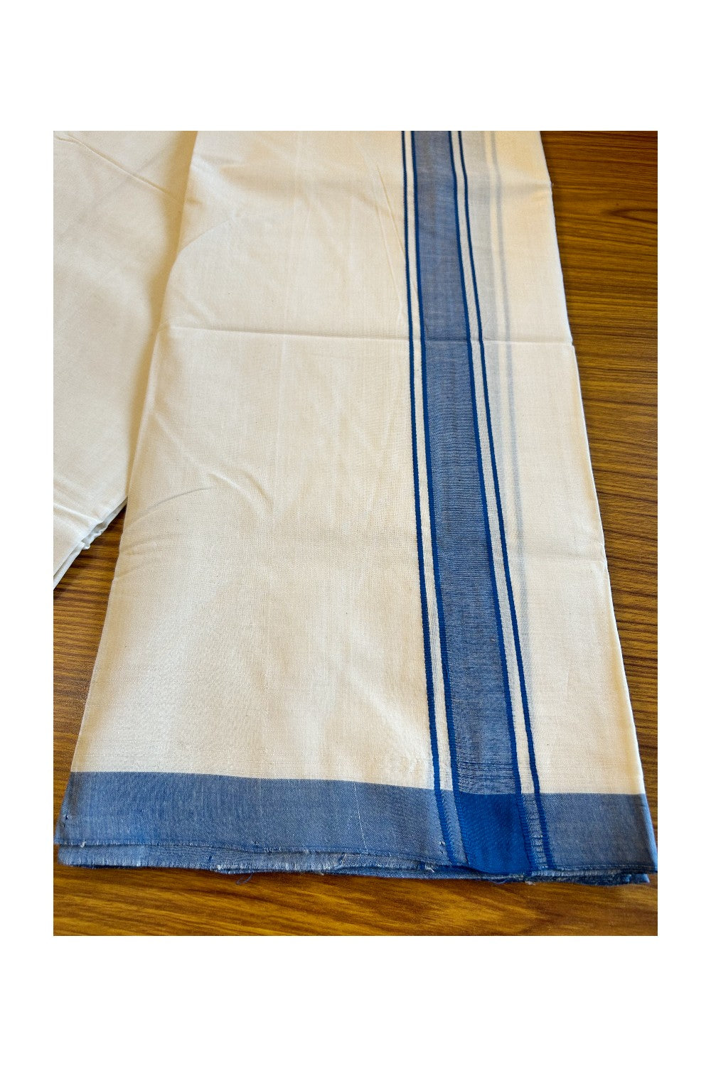 30% DISCOUNT!! KaithariKada HANDLOOM UNAKKUPAAV Balaramapuram - 100% PURE Cotton OFF White (Unbleached) Double Mundu/Dothi - 1.75 Inch Blue Kara - 31KK456KK