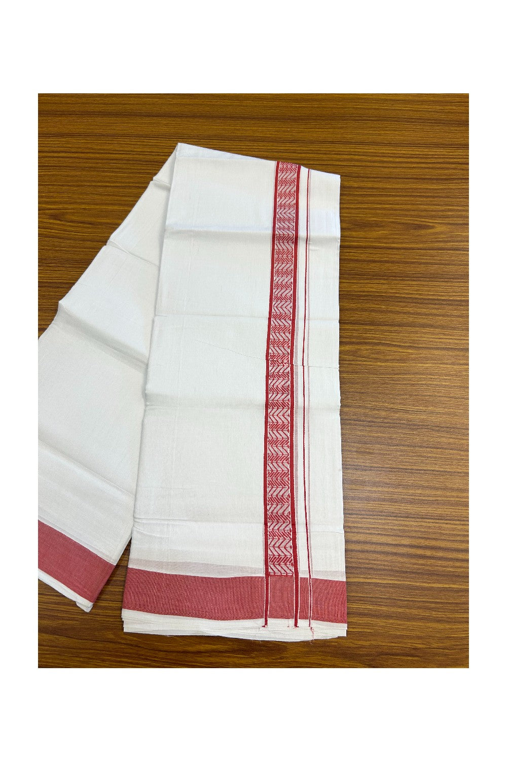 28% DISCOUNT! KaithariKada Balaramapuram Double PURE WHITE 100% Cotton Mundu/Dhoti - 100x80 - 1.5 inch Jacquard Red Kara - 31KK5139THI