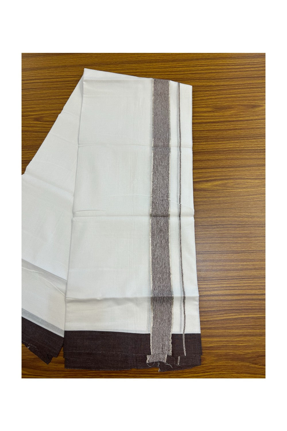 20% Discount !! KaithariKada Balaramapuram Double PURE WHITE Mundu/Dhoti- 100x80 - 1.75 inch Brown Shaded Kara Silver Striped kara - 31KK5143PMC