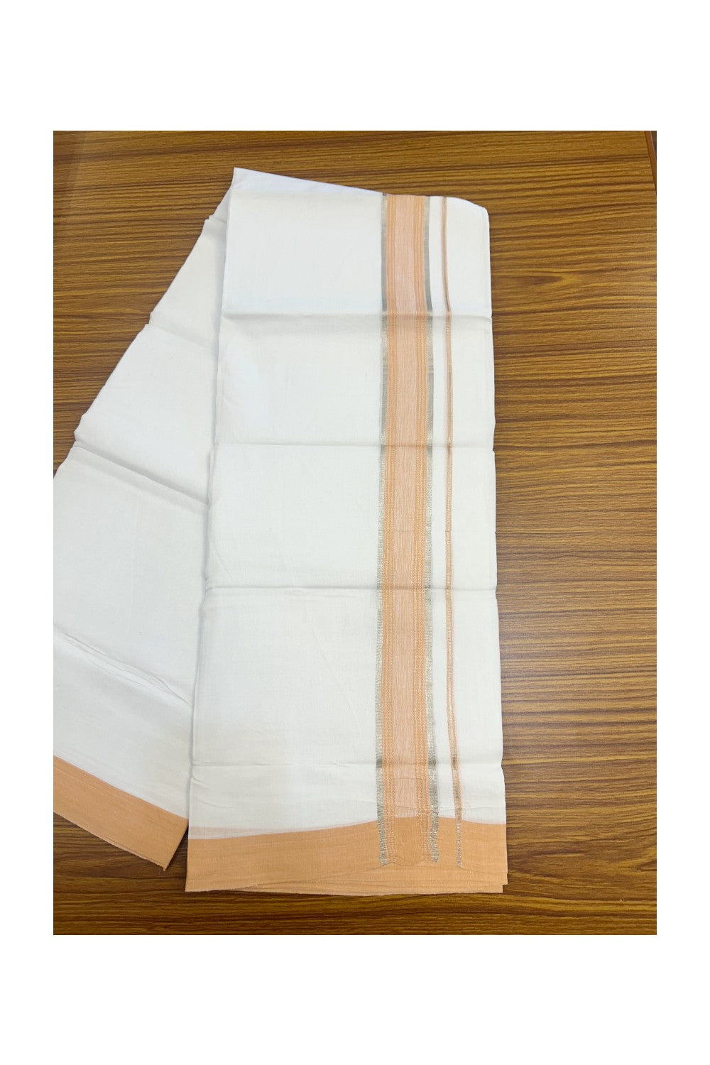 Linen Dhoti NEW! 20% Discount from Kaitharikada.com - Double Mundu/Dhoti 80x90 Thread PURE WHITE - Pure Cotton + Linen -1.75 Inch Light Orange & Silver Striped Kara - 31KK5174THI