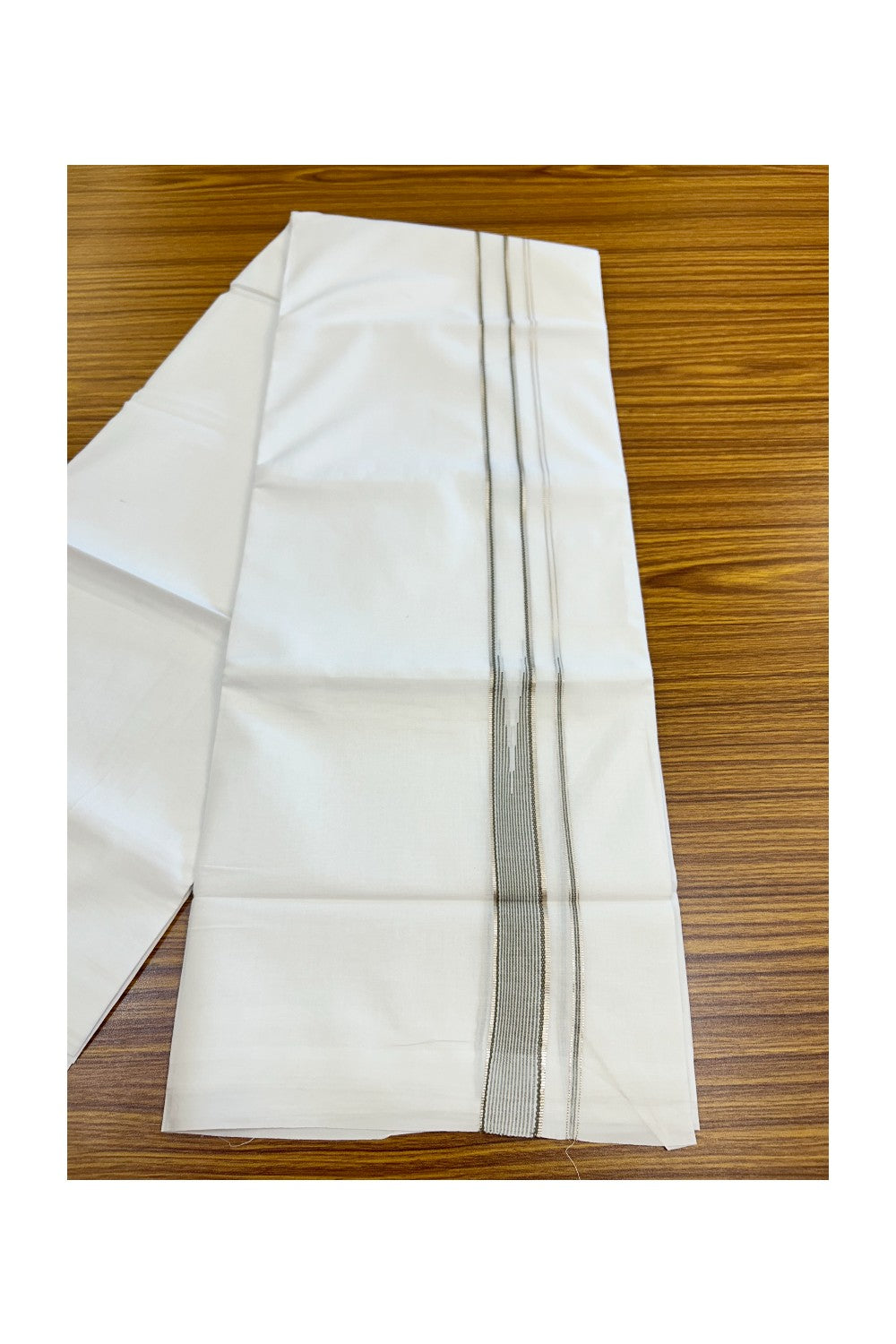 20% Discount ! Kaitharikada Balaramapuram 100% Cotton PURE WHITE Double Mundu/Dothi - 100x80 - 1 inch Silver Kasavu & Sage Green Striped chutty kara - 31KK5183VIN