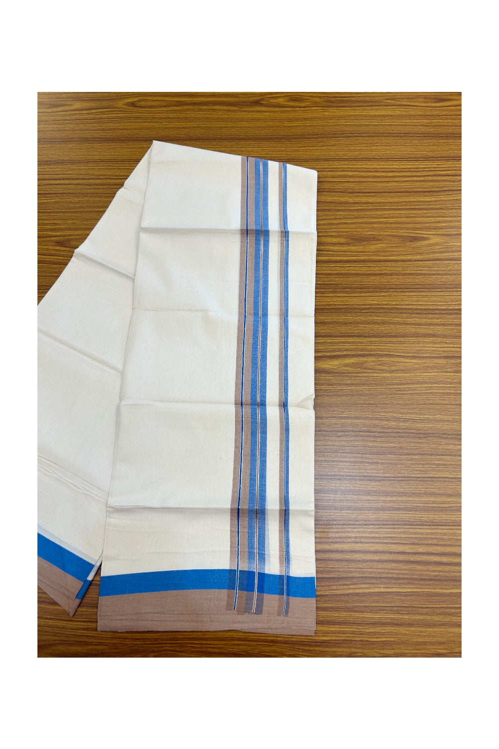 20% DISCOUNT !! KaithariKada Balaramapuram 100% Pure Cotton Double Off white - (Unbleached) Mundu/Dhoti-100x100 - 1.5 inch Puliyilakkara Silver Kasavu Blue & Brown Shaded Stripes Kara - 30KK5186CKS