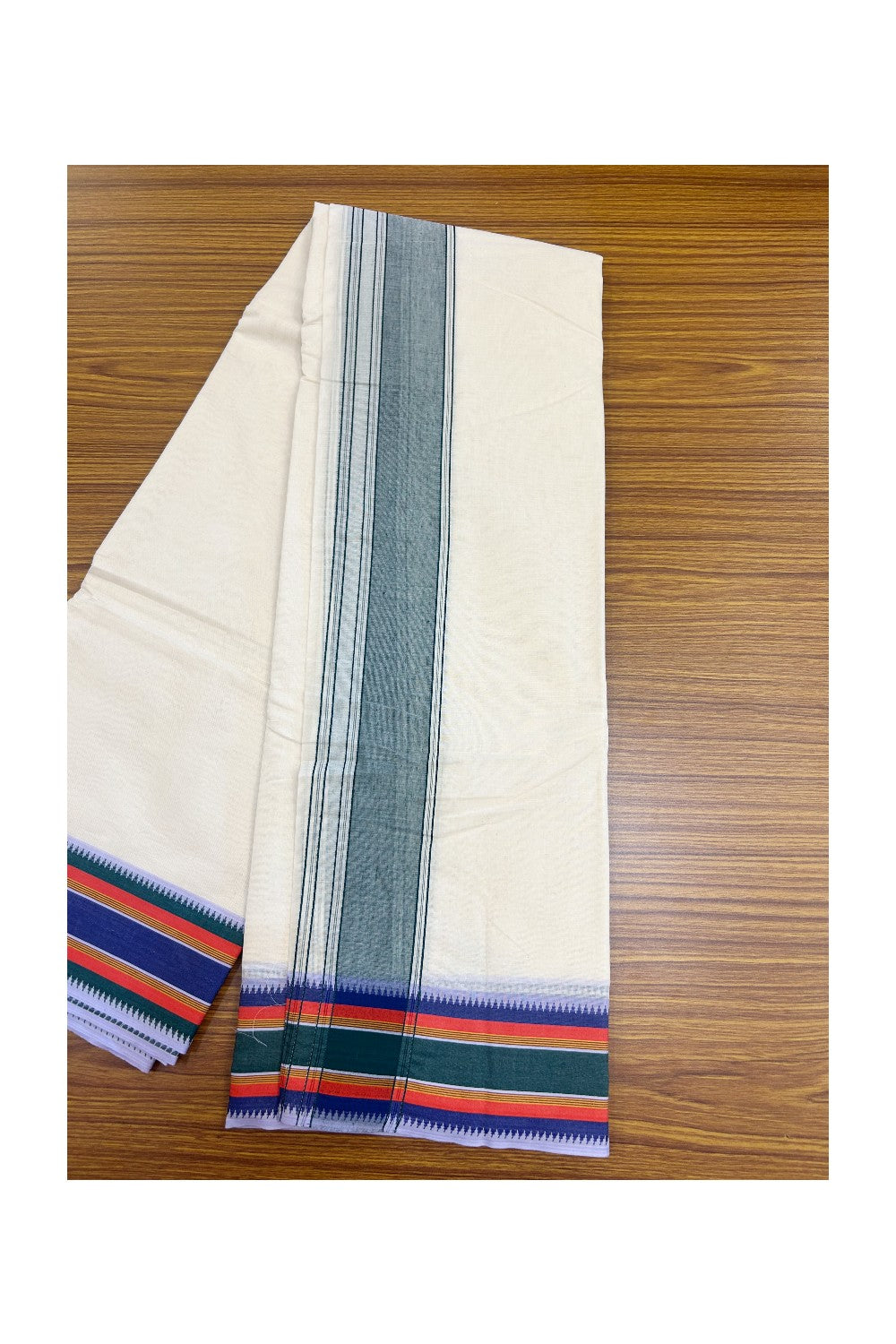 20% DISCOUNT! KaithariKada 100% Cotton Off White - (Unbleached) - Pure Cotton -100x100 thread - NORTH INDIAN - ATTACHED GAMCHA 9X5 Dhoti Dark green kara with Violet Green & Red Brown Striped border - 31KK5196PMC