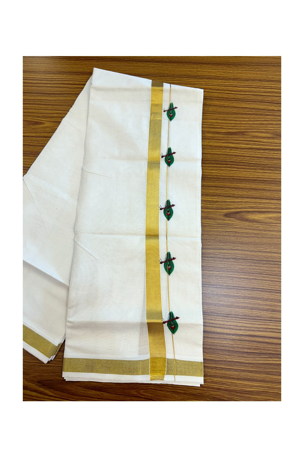 22% Discount!! KaithariKada Balaramapuram 100% Cotton DOUBLE OFF WHITE - (Ubleached) Mundu/Dhoti - 80x90 - 1 inch Gold Kasavu with Green Peacock Feather & Flute Printed Design Kara - 31KK5219 GAN