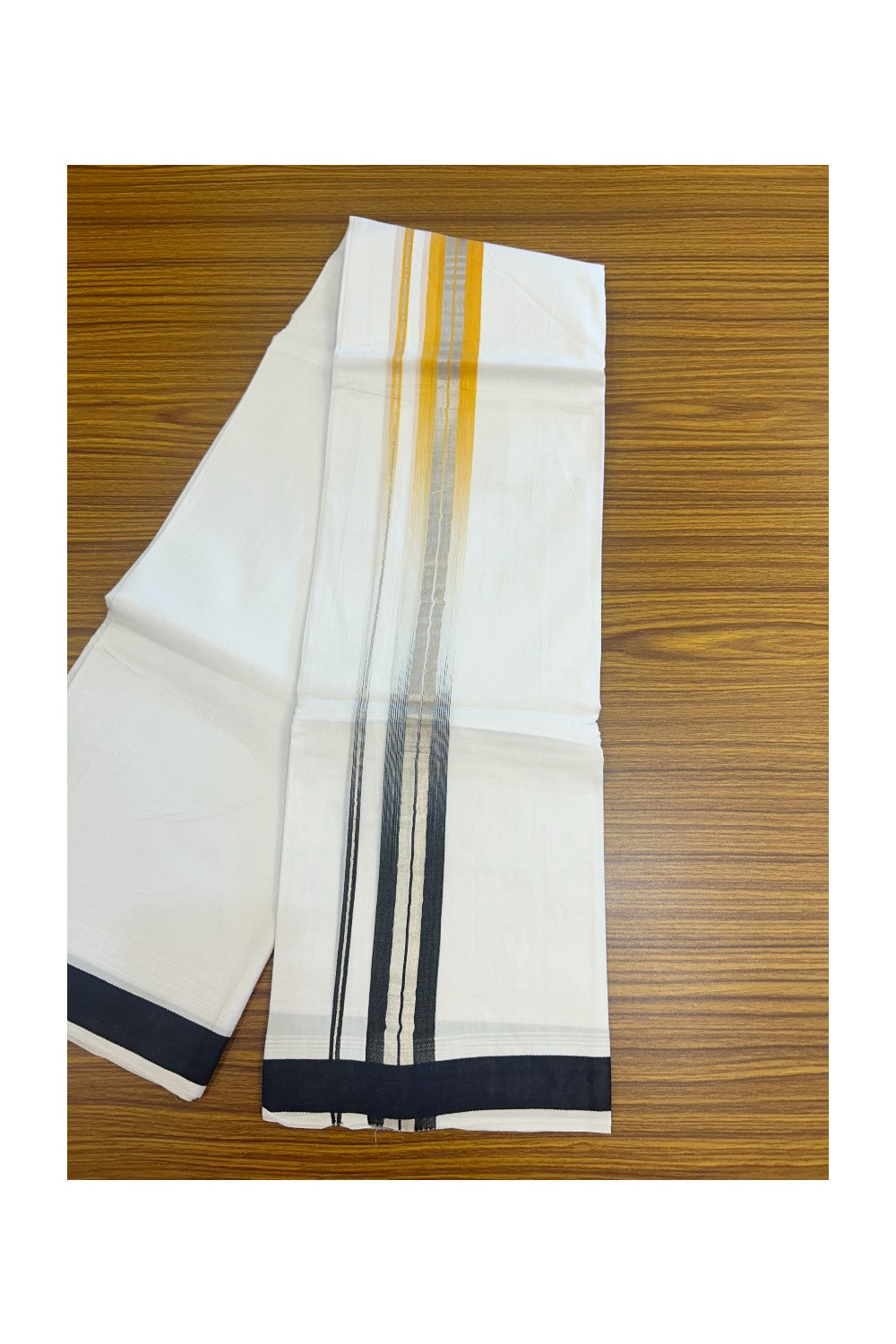 20% Discount!!! KaithariKada Balaramapuram Double PURE WHITE  RAINBOW  Mundu/Dhoti - 100X80 - 1.5 inch Silver Kasavu Orange & Black shaded Striped Kara - 31KK5220 THI