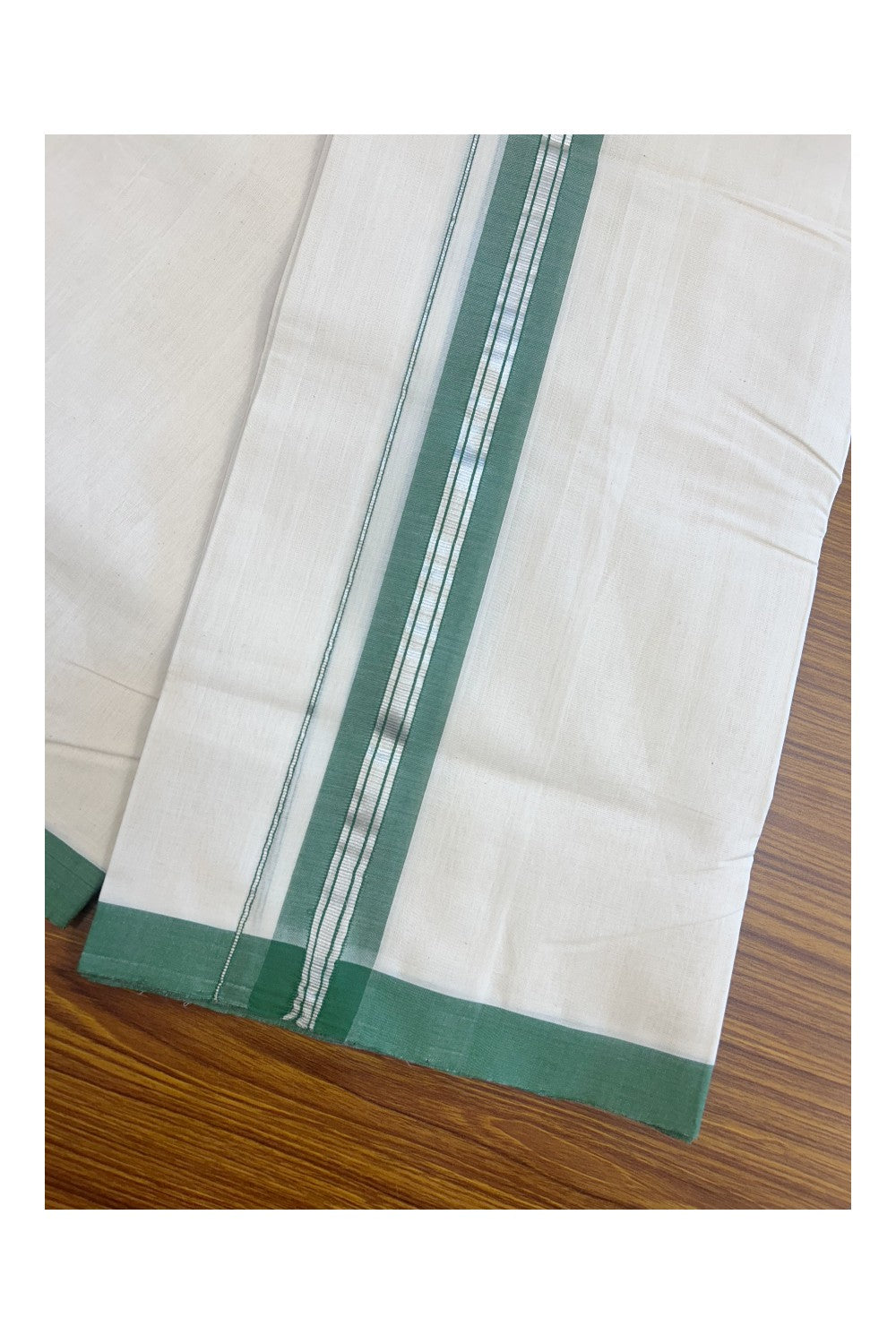 31% DISCOUNT!! KaithariKada HANDLOOM Millpaav Balaramapuram - 100% PURE Cotton OFF White Double - (Unbleached) Mundu/Dothi - 1.75 Inch Silver Kasav Green Kara - 31kk5153RAM