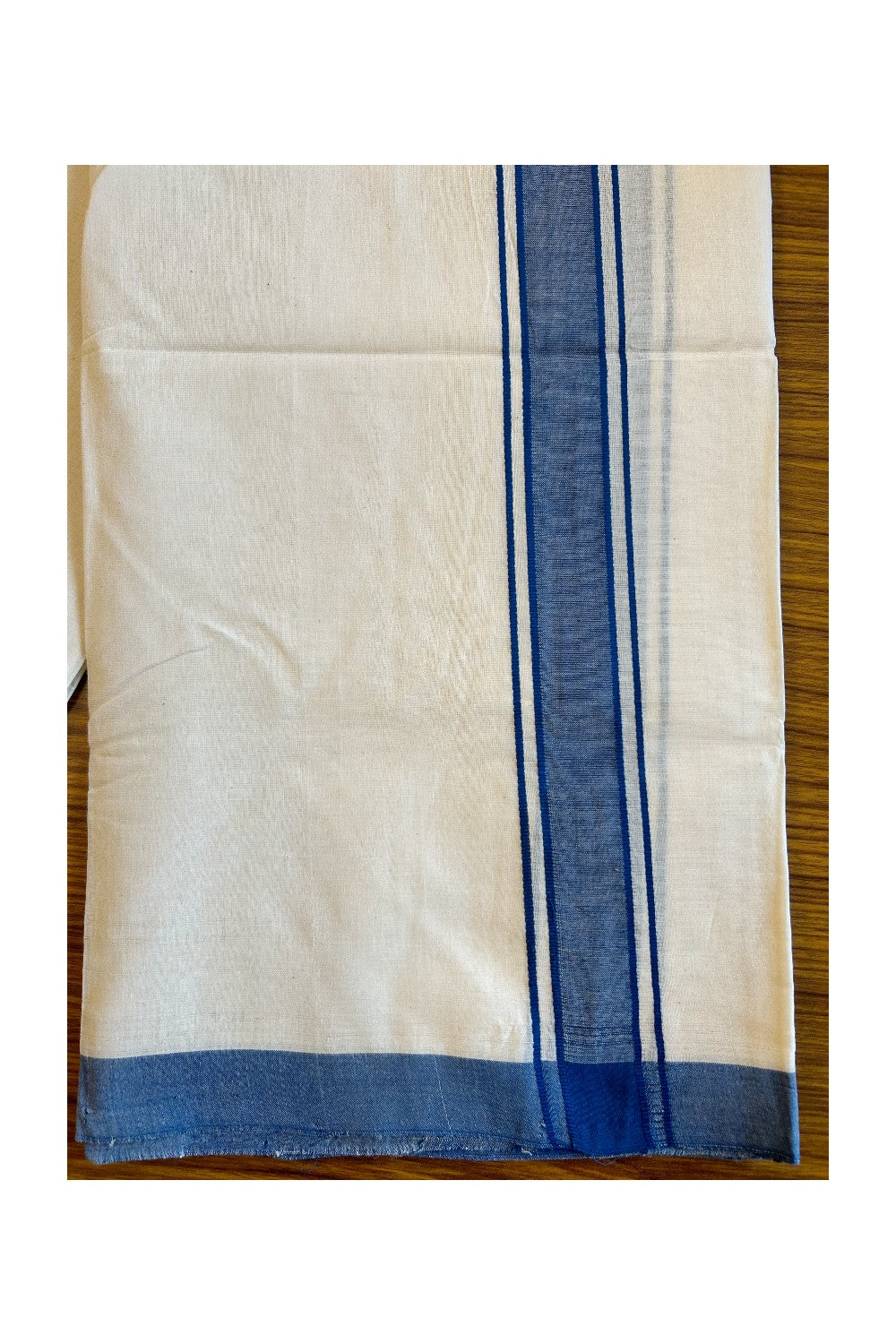 30% DISCOUNT!! KaithariKada HANDLOOM UNAKKUPAAV Balaramapuram - 100% PURE Cotton OFF White (Unbleached) Double Mundu/Dothi - 1.75 Inch Blue Kara - 31KK456KK