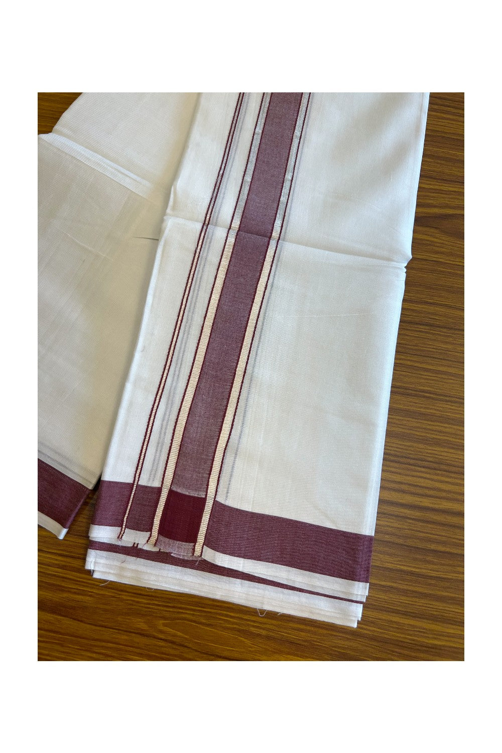 20% DISCOUNT! KaithariKada Balaramapuram 100% Mercerised Cotton Double ULTRA PURE white Mundu/Dhoti - 100x100  2.25 inch Silver Kasavu & Maroon Kara - 31KK5108GAN