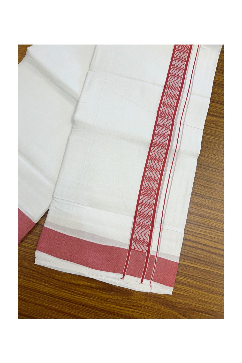 28% DISCOUNT! KaithariKada Balaramapuram Double PURE WHITE 100% Cotton Mundu/Dhoti - 100x80 - 1.5 inch Jacquard Red Kara - 31KK5139THI
