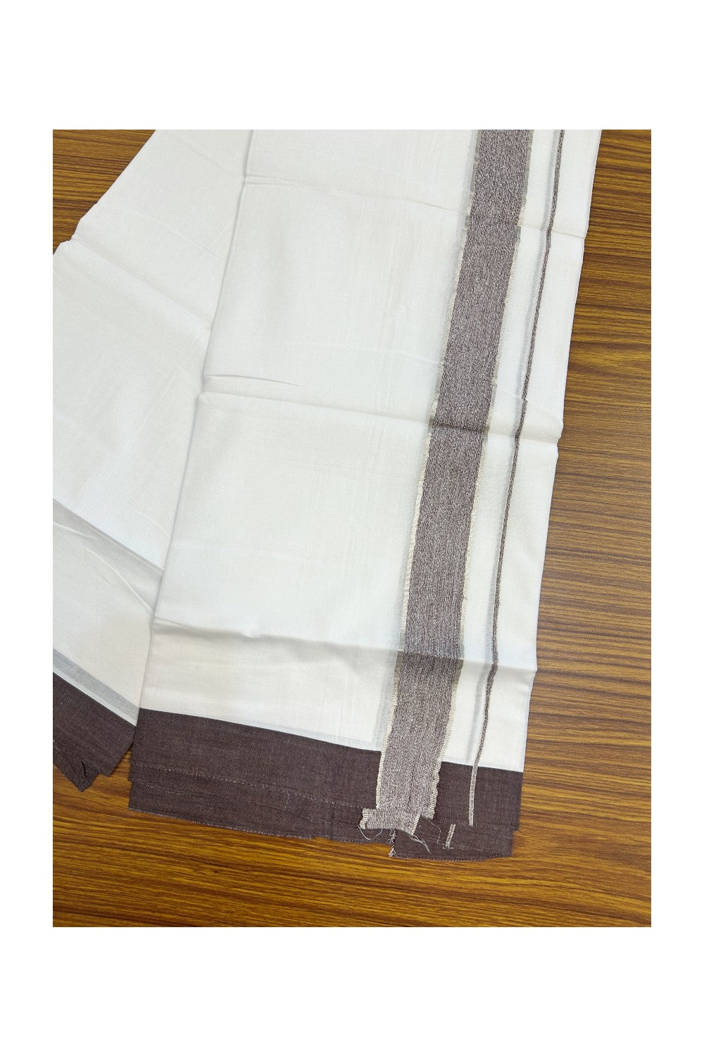 20% Discount !! KaithariKada Balaramapuram Double PURE WHITE Mundu/Dhoti- 100x80 - 1.75 inch Brown Shaded Kara Silver Striped kara - 31KK5143PMC
