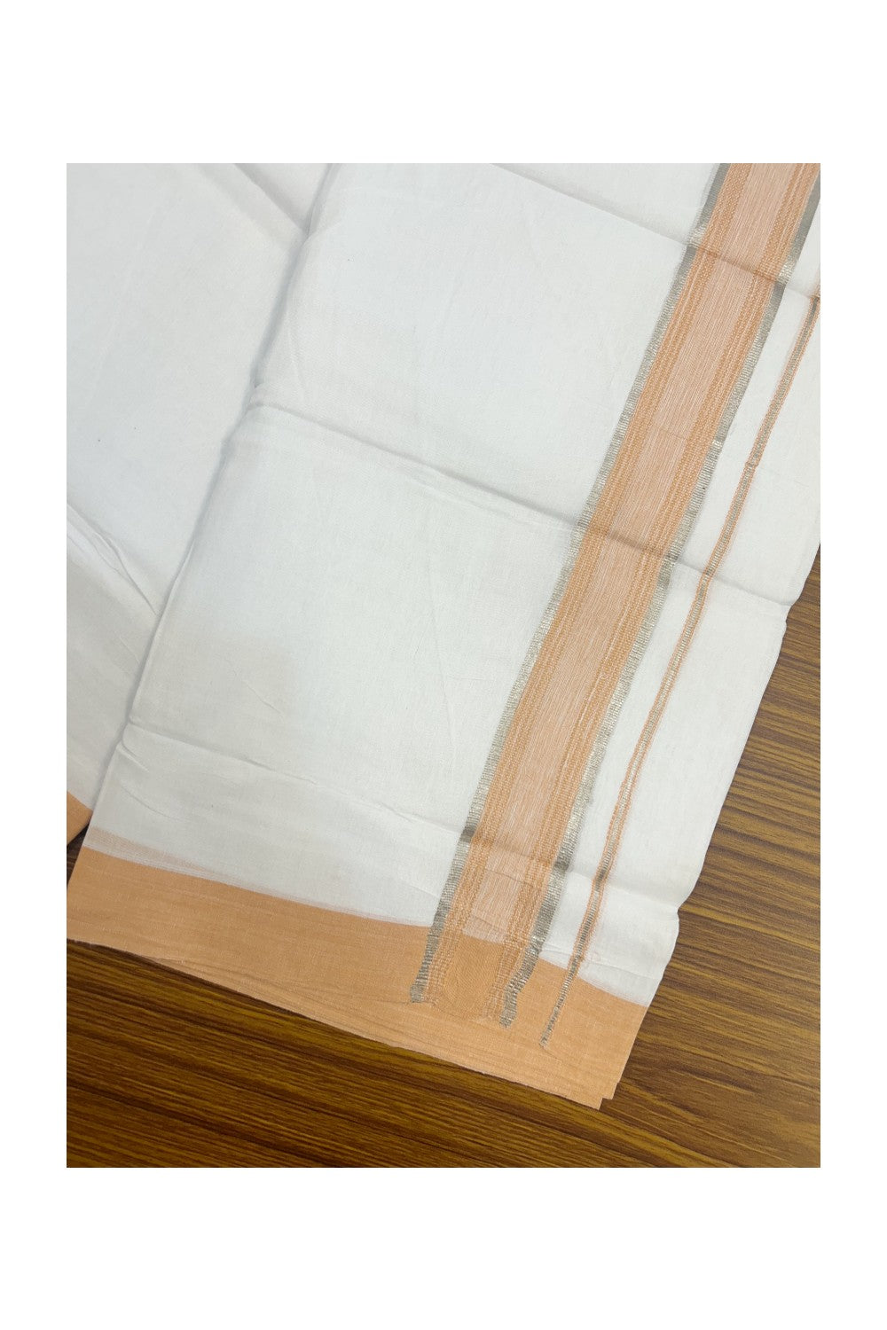 Linen Dhoti NEW! 20% Discount from Kaitharikada.com - Double Mundu/Dhoti 80x90 Thread PURE WHITE - Pure Cotton + Linen -1.75 Inch Light Orange & Silver Striped Kara - 31KK5174THI