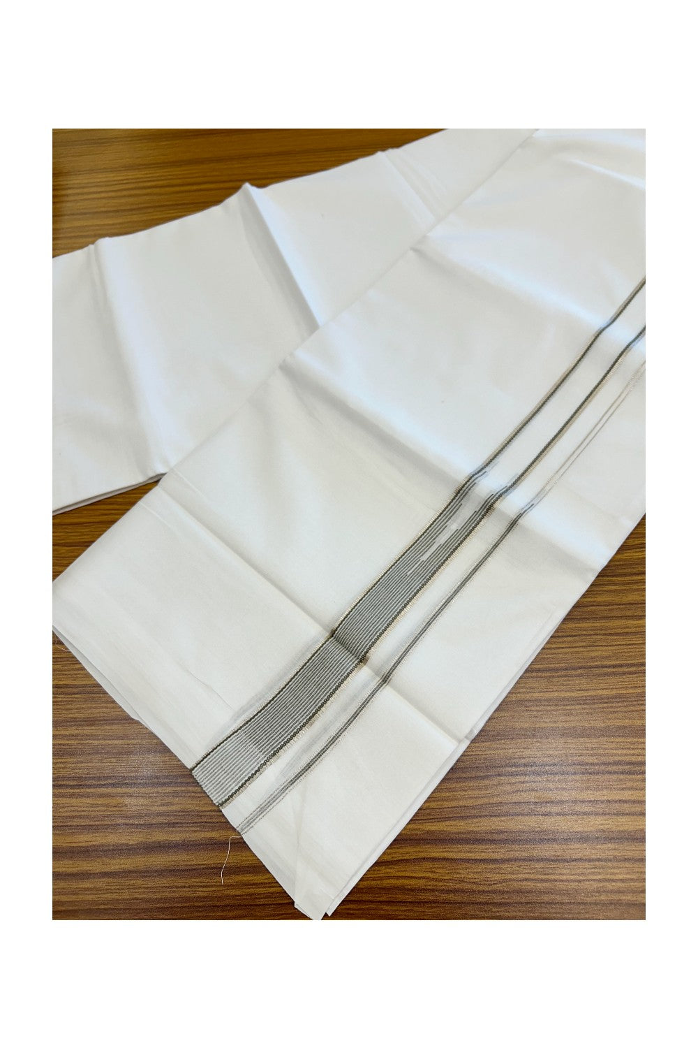 20% Discount ! Kaitharikada Balaramapuram 100% Cotton PURE WHITE Double Mundu/Dothi - 100x80 - 1 inch Silver Kasavu & Sage Green Striped chutty kara - 31KK5183VIN