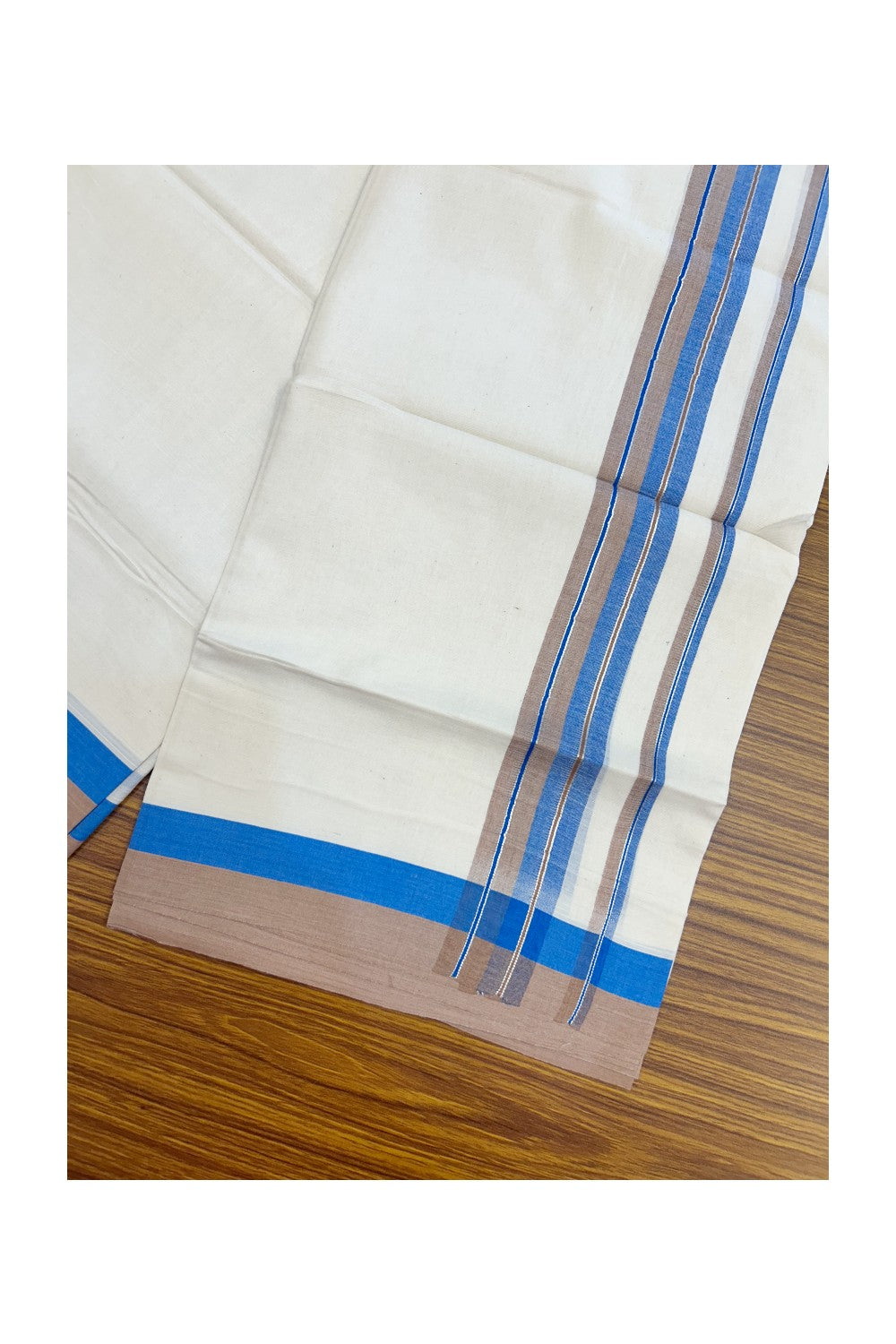 20% DISCOUNT !! KaithariKada Balaramapuram 100% Pure Cotton Double Off white - (Unbleached) Mundu/Dhoti-100x100 - 1.5 inch Puliyilakkara Silver Kasavu Blue & Brown Shaded Stripes Kara - 30KK5186CKS