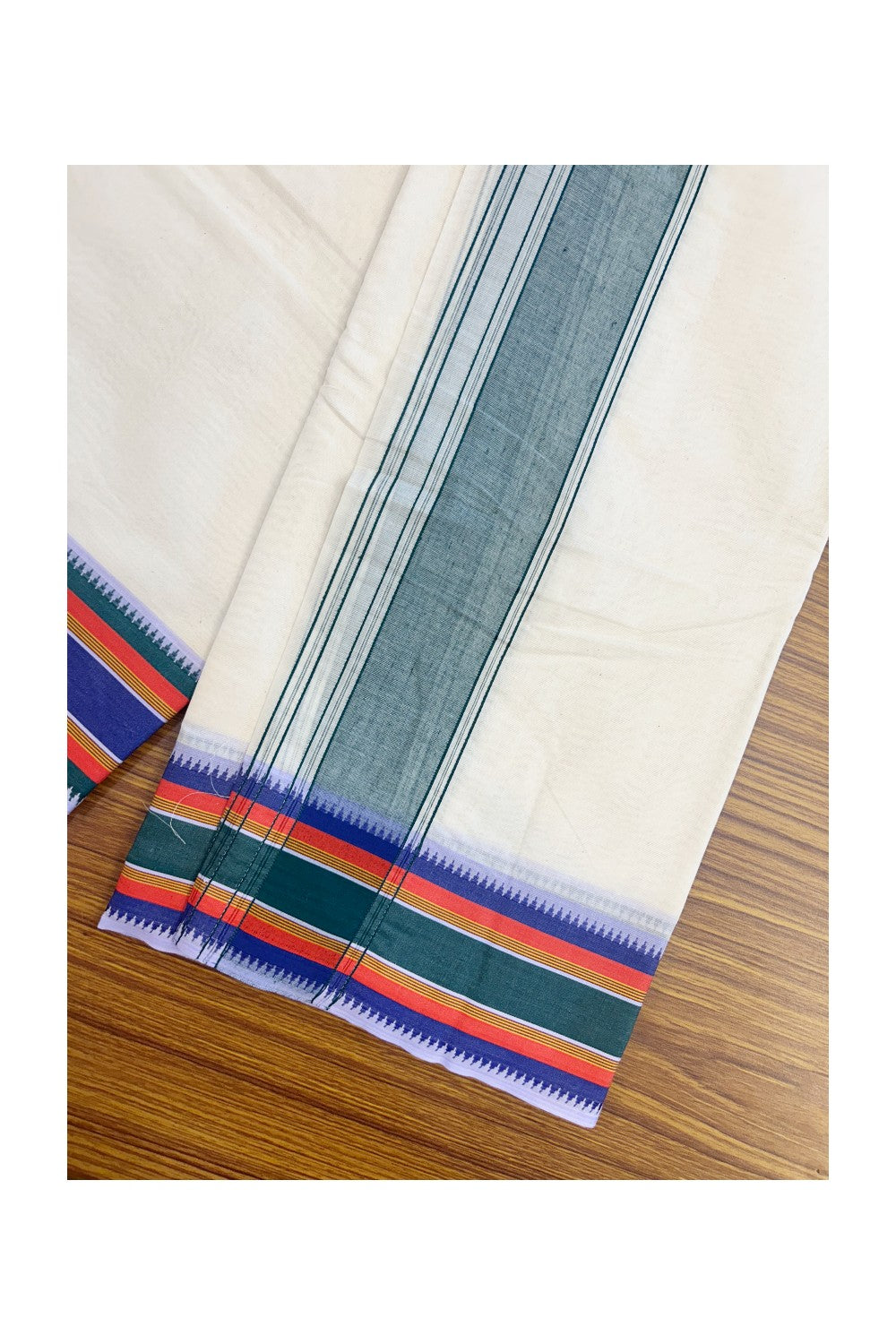 20% DISCOUNT! KaithariKada 100% Cotton Off White - (Unbleached) - Pure Cotton -100x100 thread - NORTH INDIAN - ATTACHED GAMCHA 9X5 Dhoti Dark green kara with Violet Green & Red Brown Striped border - 31KK5196PMC