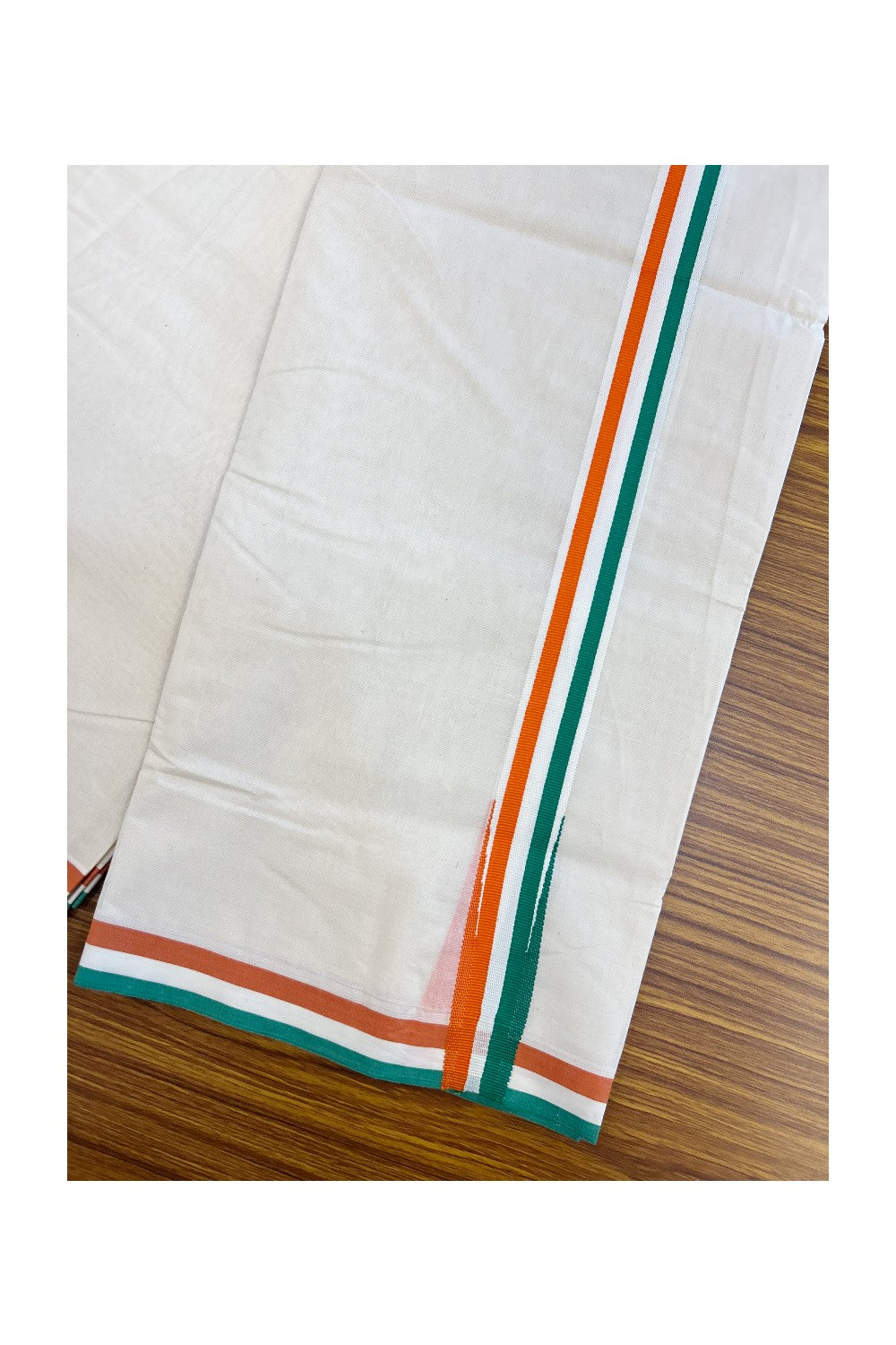 CONGRESS VESHTI - 20% DISCOUNT! KaithariKada 100% Cotton off white Double - (Unbleached) Mundu/Dhoti - 100X80 - 1.25 inch Puliyilakkara Orange White & Green Chutty Kara - 31KK5218ASH