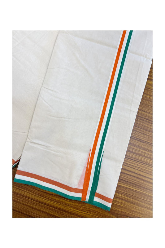 Congress Veshti - 20% Discount! KaithariKada 100% Cotton off white Double - (Unbleached) Mundu/Dhoti - 100X80 - 1.5 inch Puliyilakkara Orange White & Green Chutty Kara 3.80 mtr(8 muzham) - 55KK5218ASH