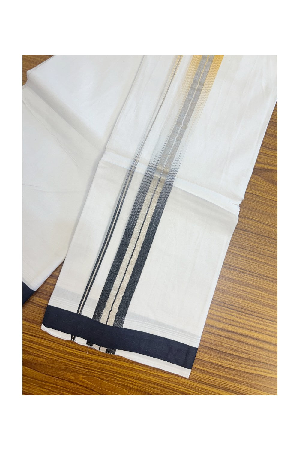 20% Discount!!! KaithariKada Balaramapuram Double PURE WHITE  RAINBOW  Mundu/Dhoti - 100X80 - 1.5 inch Silver Kasavu Orange & Black shaded Striped Kara - 31KK5220 THI