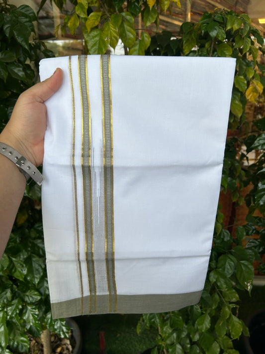 24% Discount! KaithariKada Balaramapuram 100% Cotton Pure white Double Mundu/Dhoti - (100x80)s - 1.5 inch Puliyilakkara Ash grey Stripes Chutty Gold Kasav - 32 KK5258 THI