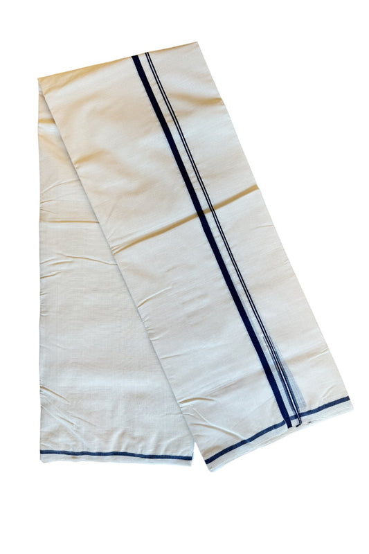 17% DISCOUNT!! KaithariKada HANDLOOM Millpaav Balaramapuram - 100% PURE Cotton Off White (Unbleached) - 100x100 Double Mundu/Dhoti - Puliyilakkara Chutty Navy Blue Kara - 32KK203RAM