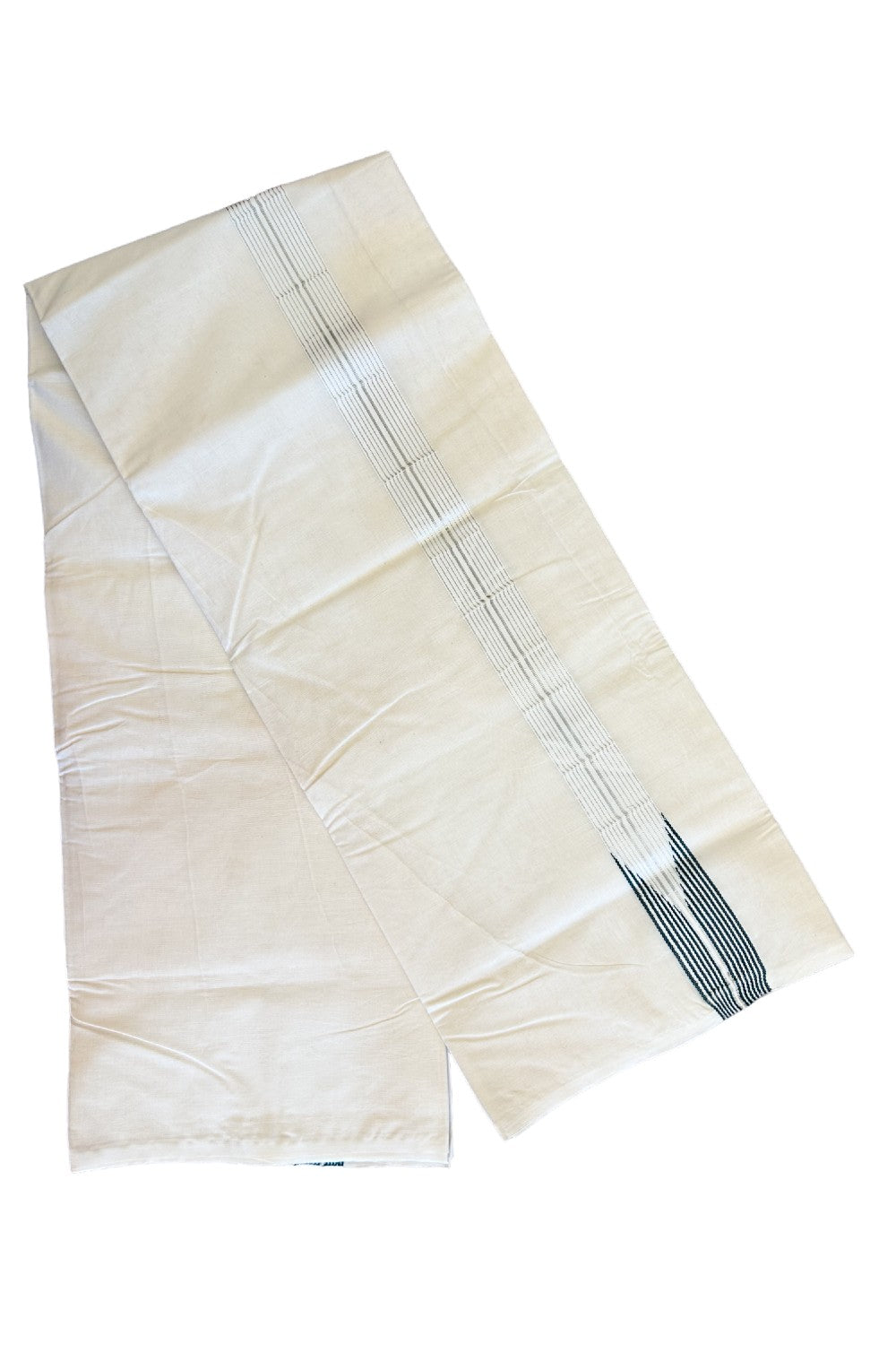 23% DISCOUNT ! KaithariKada 100% Cotton OFF WHITE (Unbleached) Double Dhoti/Mundu-  1.5inch 12 Line Dark Green Puliyilakkara Chutty & Silver Kasavu Stripes- 7KK414ASH