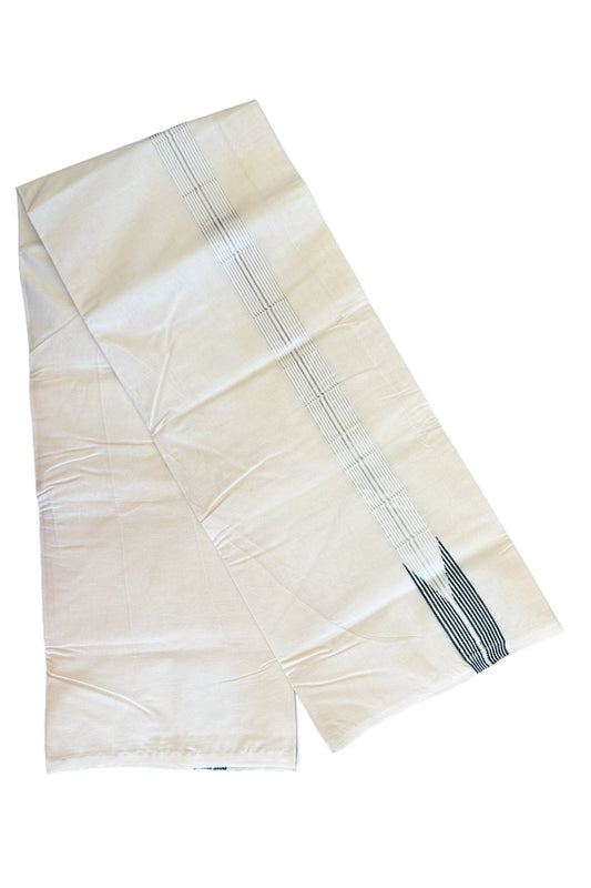23% DISCOUNT ! KaithariKada 100% Cotton OFF WHITE (Unbleached) Double Dhoti/Mundu-  1.5inch 12 Line Dark Green Puliyilakkara Chutty & Silver Kasavu Stripes- 7KK414ASH