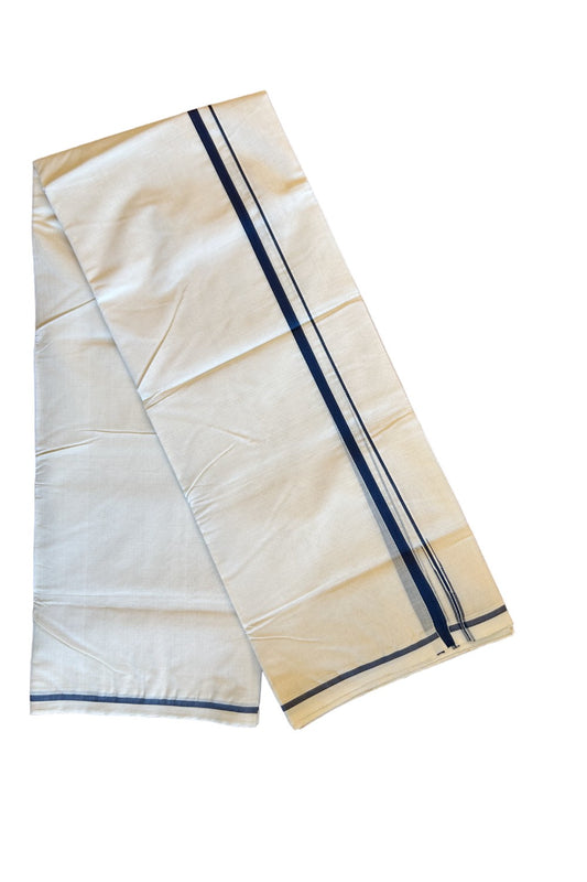 14% DISCOUNT! KaithariKada HANDLOOM Millpaav BALARAMAPURAM - 100% PURE Cotton 100x100 Double Mundu/Dhoti OFF WHITE (Unbleached) - PULIYILAKKARA Navy blue 1.cm  KARA - 32KK456KK