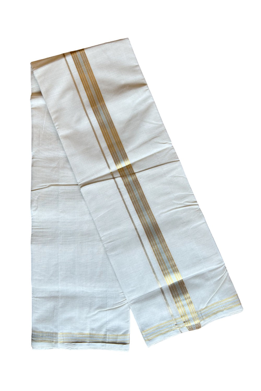 25% DISCOUNT!! KaithariKada HANDLOOM Millpaav Balaramapuram - 100% PURE Cotton OFF White- (Unbleached) Double Mundu/Dothi - 2 inch Gold & Silver kasavu stripes kara 3.50m - 32KK462RAM