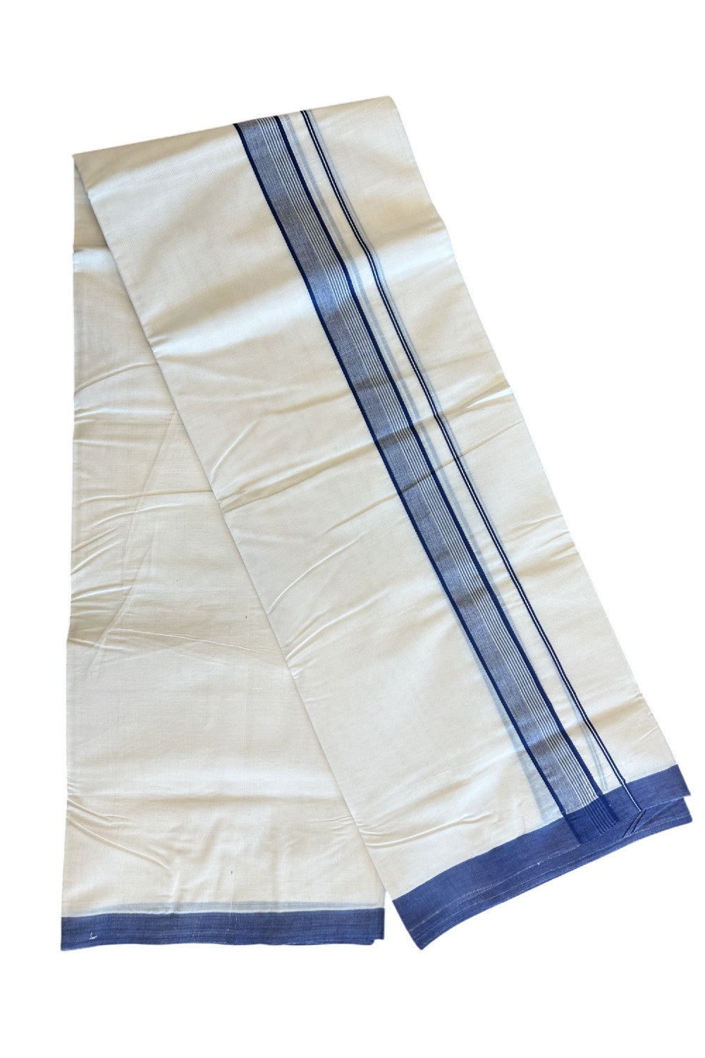 10% DISCOUNT ! KaithariKada Balaramapuram 100%  Cotton Double Off white - (Unbleached) Mundu/Dhoti - 100X100 - 2.25 inch - NAVY BLUE & STRIPES Kara - 2.