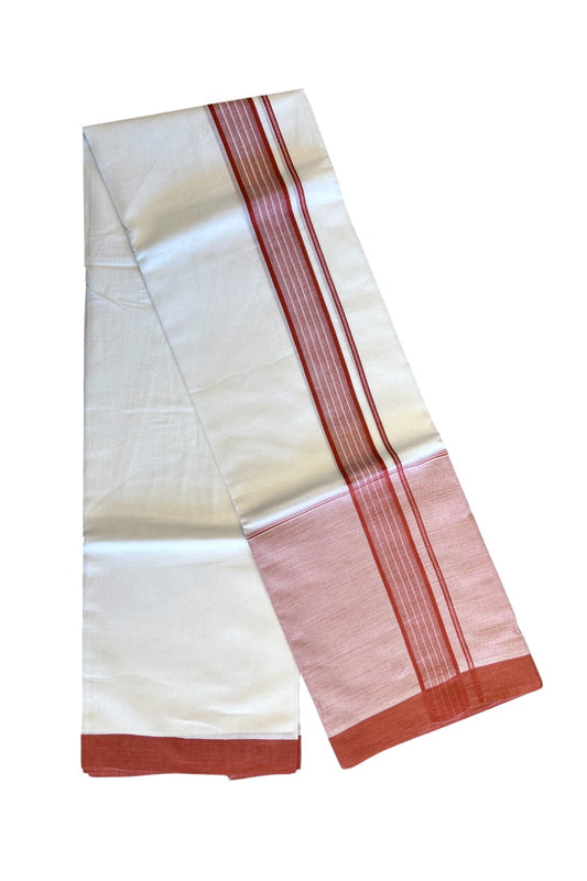 15% DISCOUNT!! Kaitharikada Balaramapuram 100% Cotton PURE WHITE Double Mundu/Dothi-100x100 - 2 Inch RED Striped Cotton Kara 3.75m (8 Muzham) - 32KK5067KK