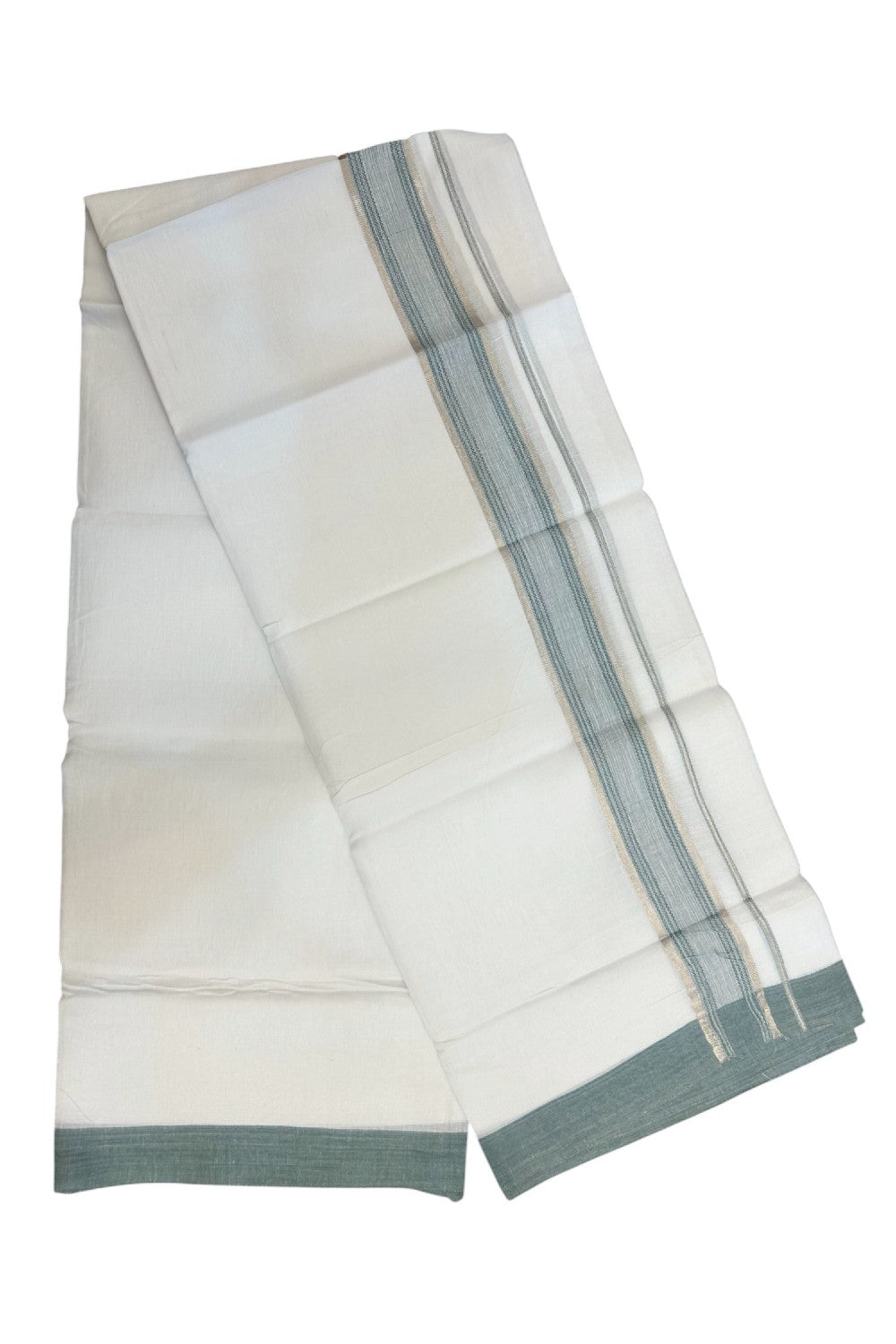 Linen Dhoti NEW! 20% Discount from Kaitharikada.com - Double Mundu/Dhoti 80x90 Thread PURE WHITE - Pure Cotton + Linen -1.75 Inch Sea Green & Silver Striped Kara - 32KK5174THI