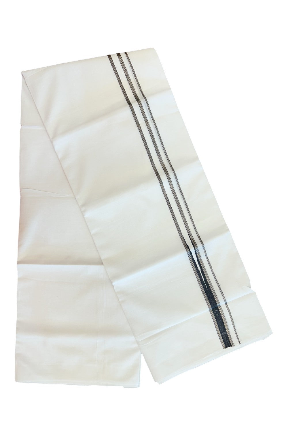 20% Discount ! Kaitharikada Balaramapuram 100% Cotton PURE WHITE Double Mundu/Dothi - 100x80 -0.75 inch Silver Kasavu & Black Stripes Chutty Kara - 32KK5182VAS