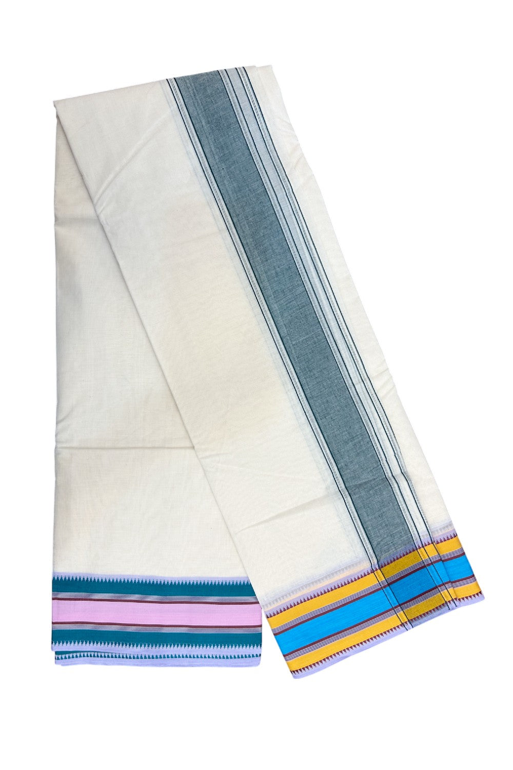 20% DISCOUNT! KaithariKada 100% Cotton Off White - (Unbleached) - Pure Cotton -100x100 thread - NORTH INDIAN - ATTACHED GAMCHA 9X5 Dhoti Dark green kara with Orange Blue & Green Pink Brown Striped border - 32KK5196PMC