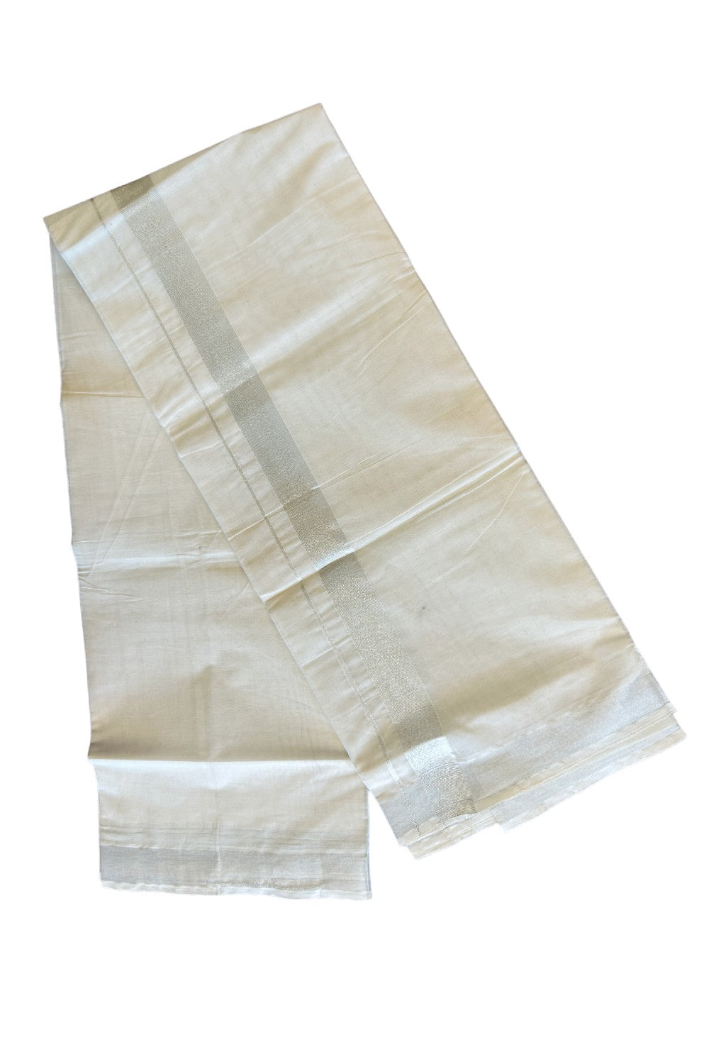 10% DISCOUNT ! KaithariKada Balaramapuram 100%  Cotton Double Off white (Unbleached) Mundu/Dhoti-100X100 - 2.25 INCH SILVER KASAVU Kara - 32KK78PMC