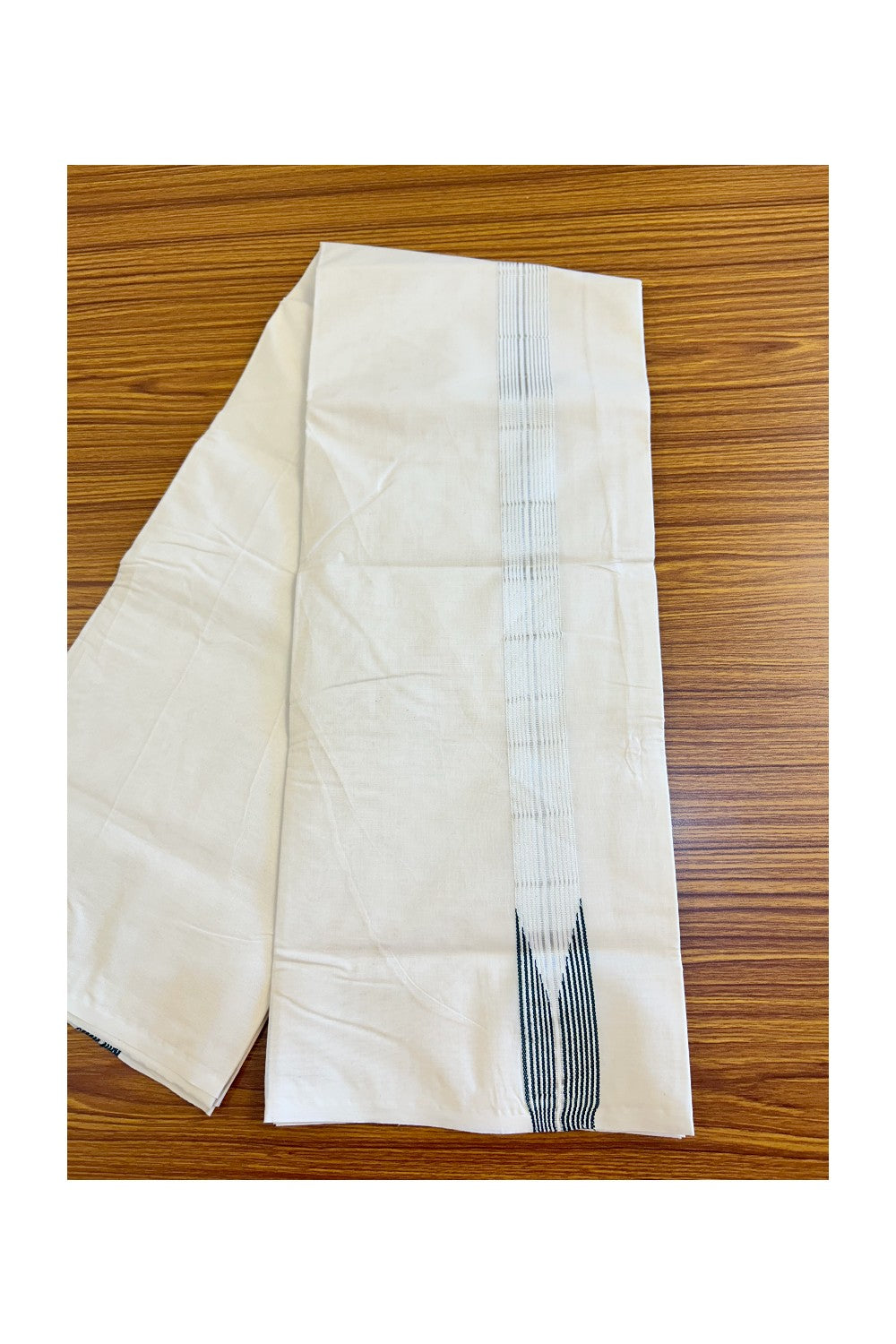 23% DISCOUNT ! KaithariKada 100% Cotton OFF WHITE (Unbleached) Double Dhoti/Mundu-  1.5inch 12 Line Dark Green Puliyilakkara Chutty & Silver Kasavu Stripes- 7KK414ASH