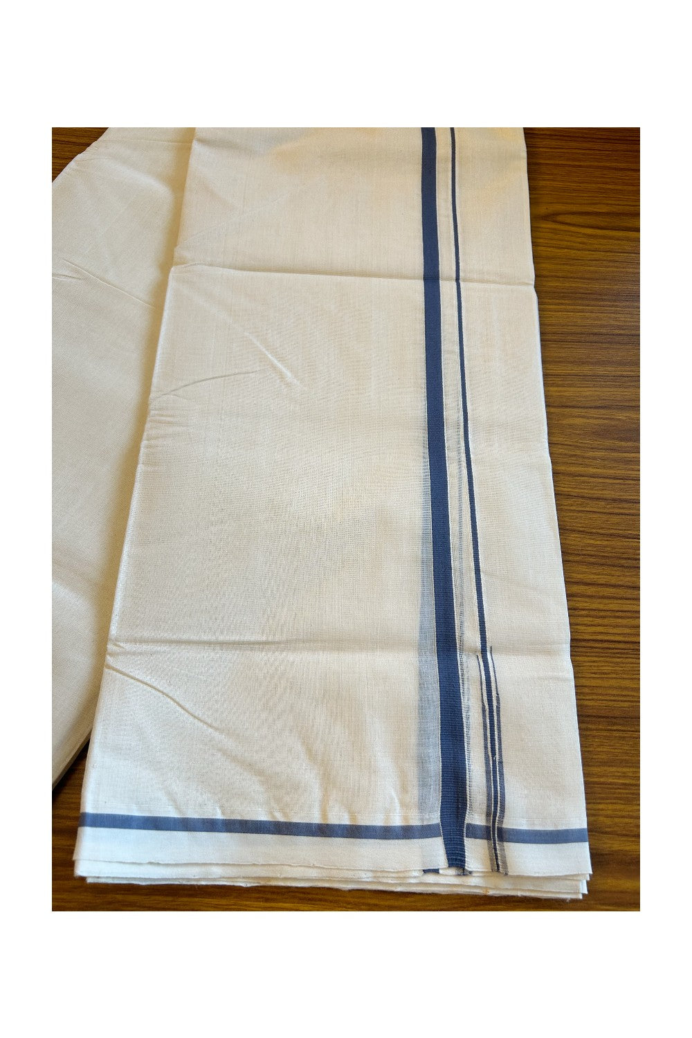 14% DISCOUNT! KaithariKada HANDLOOM Millpaav BALARAMAPURAM - 100% PURE Cotton 100x100 Double Mundu/Dhoti OFF WHITE (Unbleached) - PULIYILAKKARA Navy blue 1.cm  KARA - 32KK456KK