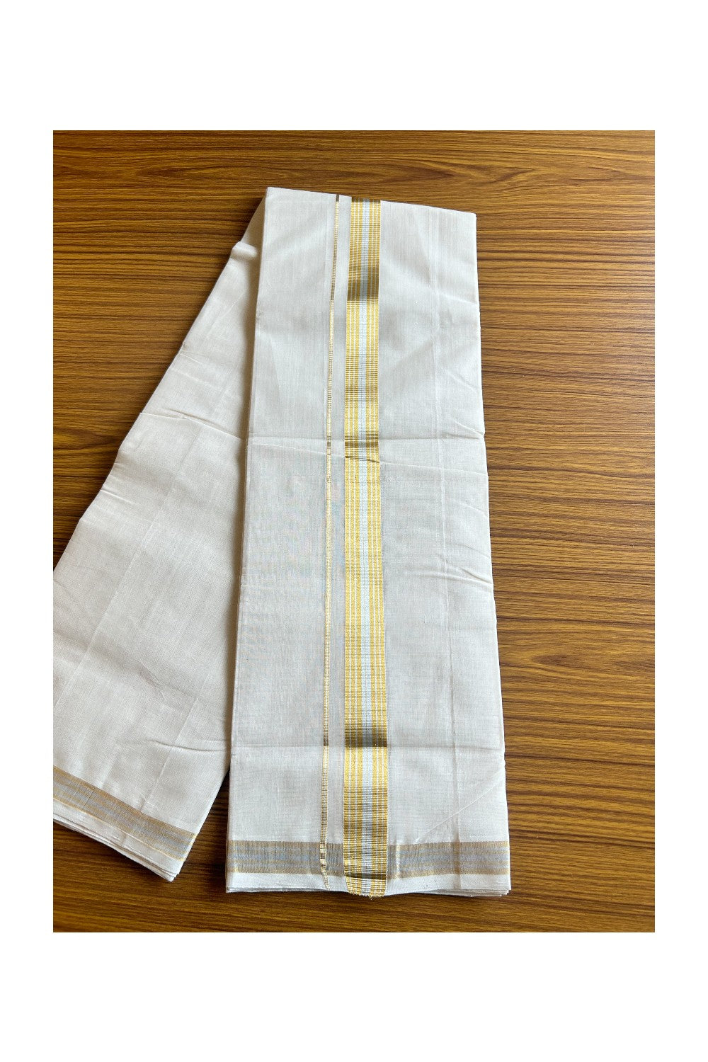 25% DISCOUNT!! KaithariKada HANDLOOM Millpaav Balaramapuram - 100% PURE Cotton OFF White- (Unbleached) Double Mundu/Dothi - 2 inch Gold & Silver kasavu stripes kara 3.50m - 32KK462RAM