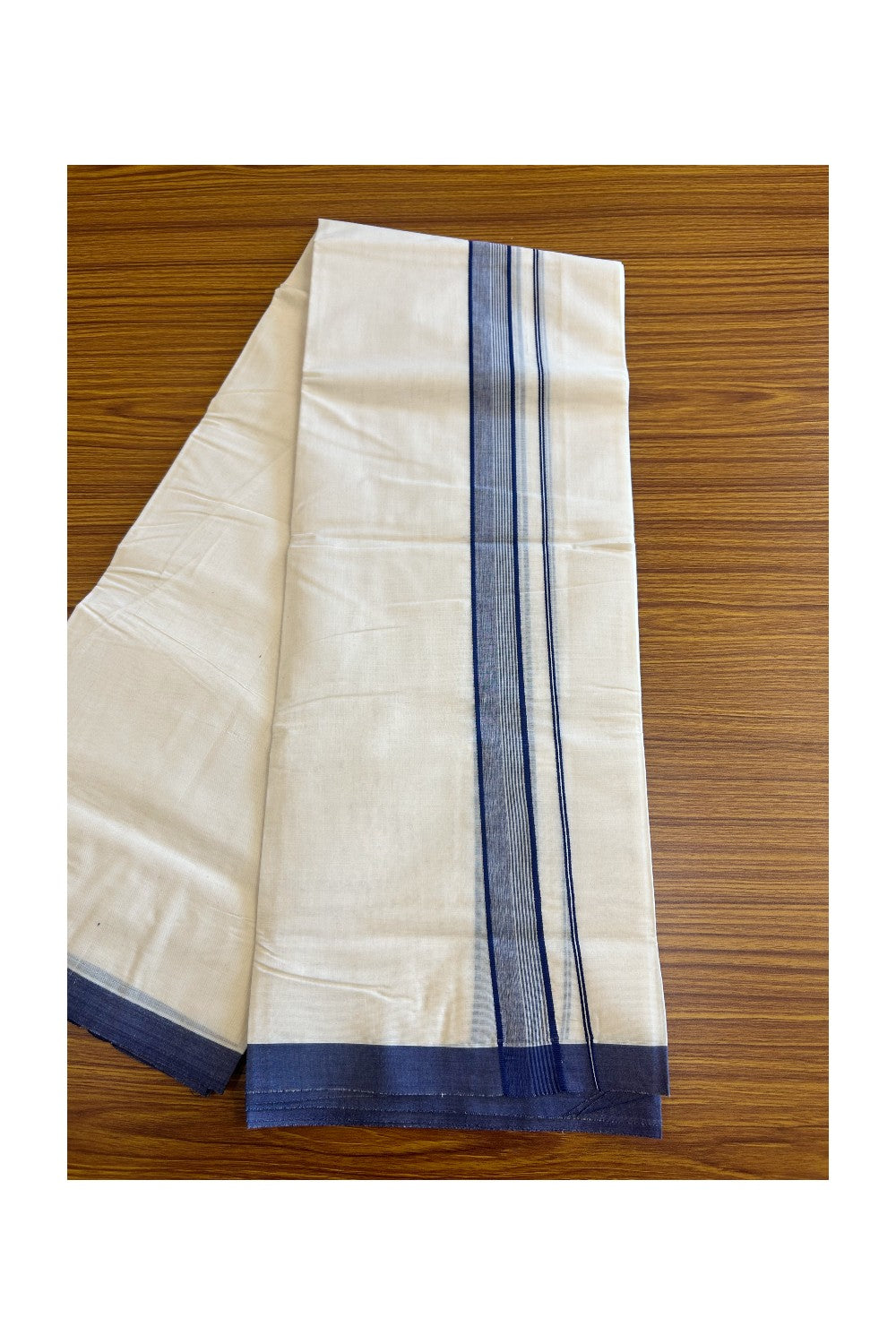 10% DISCOUNT ! KaithariKada Balaramapuram 100%  Cotton Double Off white - (Unbleached) Mundu/Dhoti - 100X100 - 2.25 inch - NAVY BLUE & STRIPES Kara - 2.