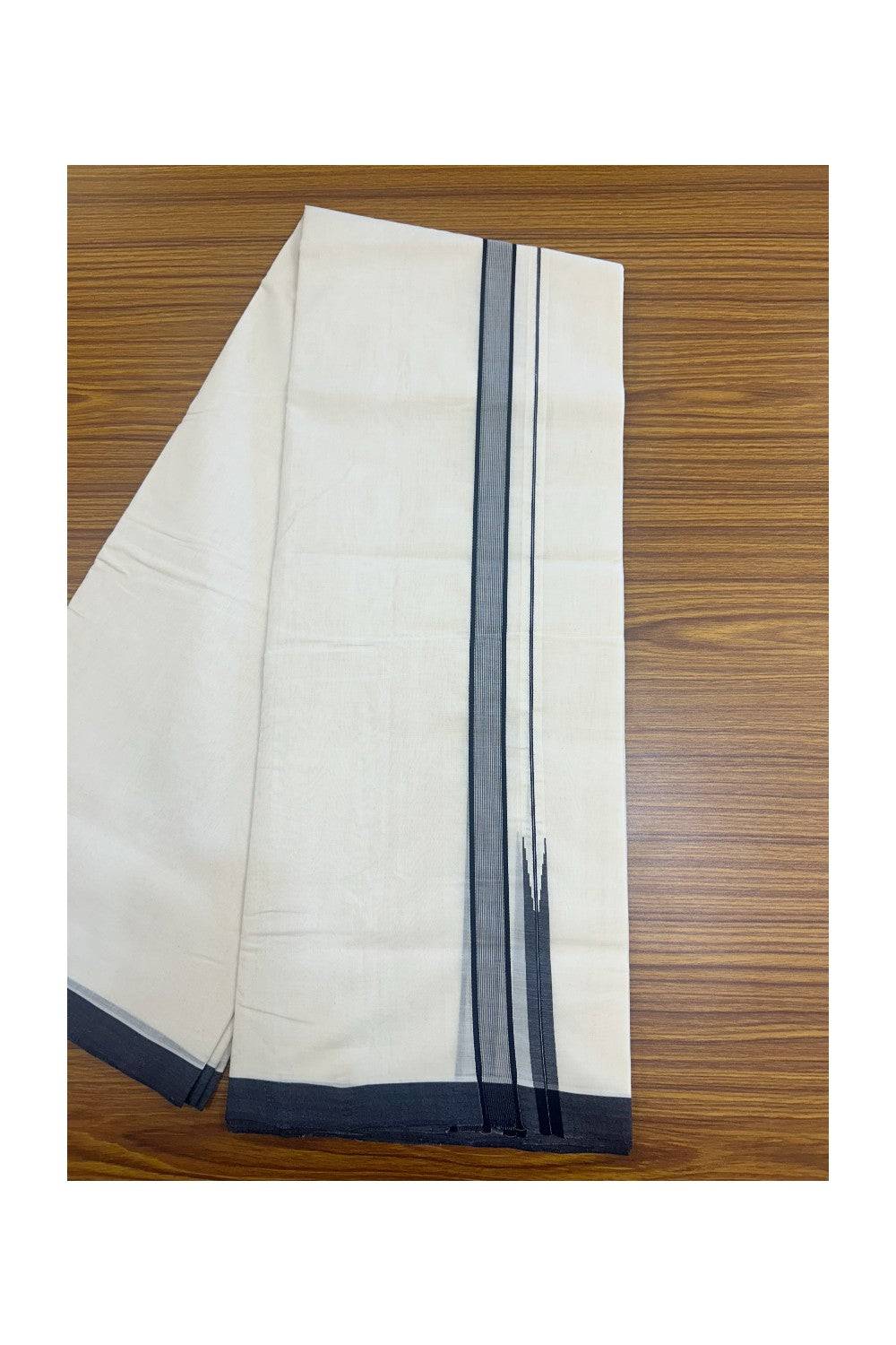 25% DISCOUNT!! KaithariKada HANDLOOM  UNAKKUPAAV Balaramapuram - 100% PURE Cotton OFF White - (Unbleached) Double Mundu/Dothi - 100X100 - 1 inch Navy blue & white stripes Puliyilakkara chutty  - 2KK5167REA