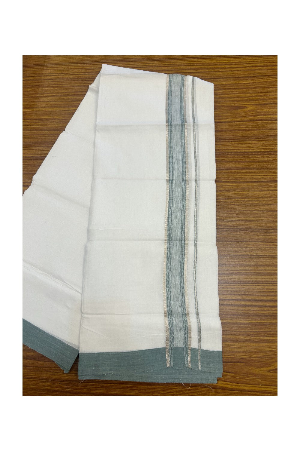 Linen Dhoti NEW! 20% Discount from Kaitharikada.com - Double Mundu/Dhoti 80x90 Thread PURE WHITE - Pure Cotton + Linen -1.75 Inch Sea Green & Silver Striped Kara - 32KK5174THI