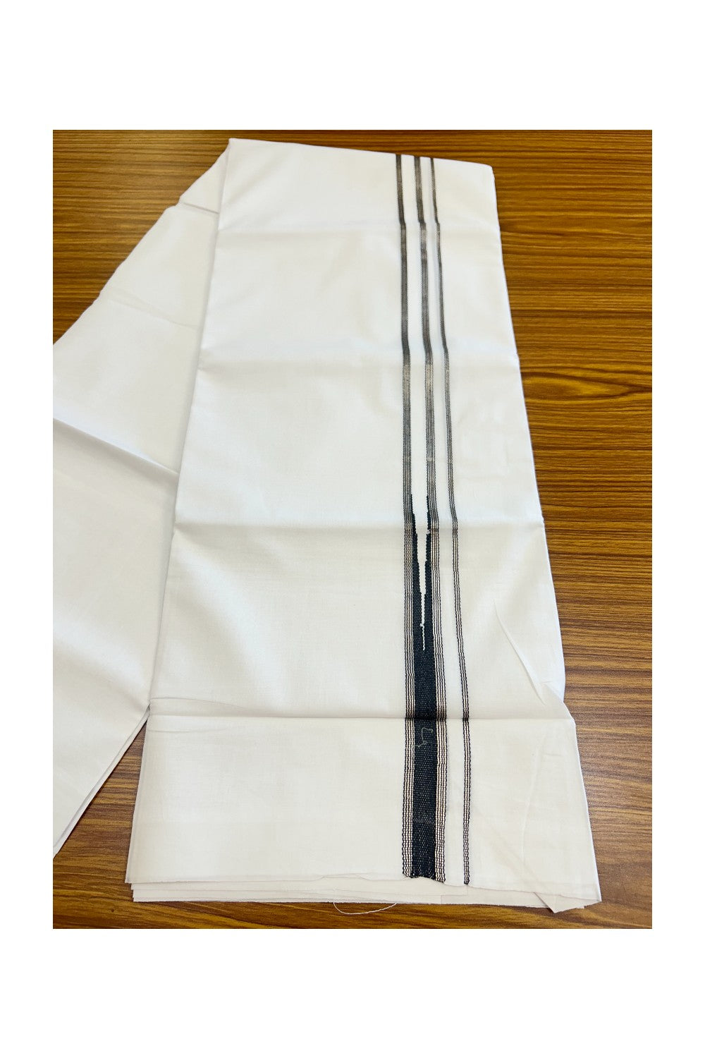 20% Discount ! Kaitharikada Balaramapuram 100% Cotton PURE WHITE Double Mundu/Dothi - 100x80 -0.75 inch Silver Kasavu & Black Stripes Chutty Kara - 32KK5182VAS