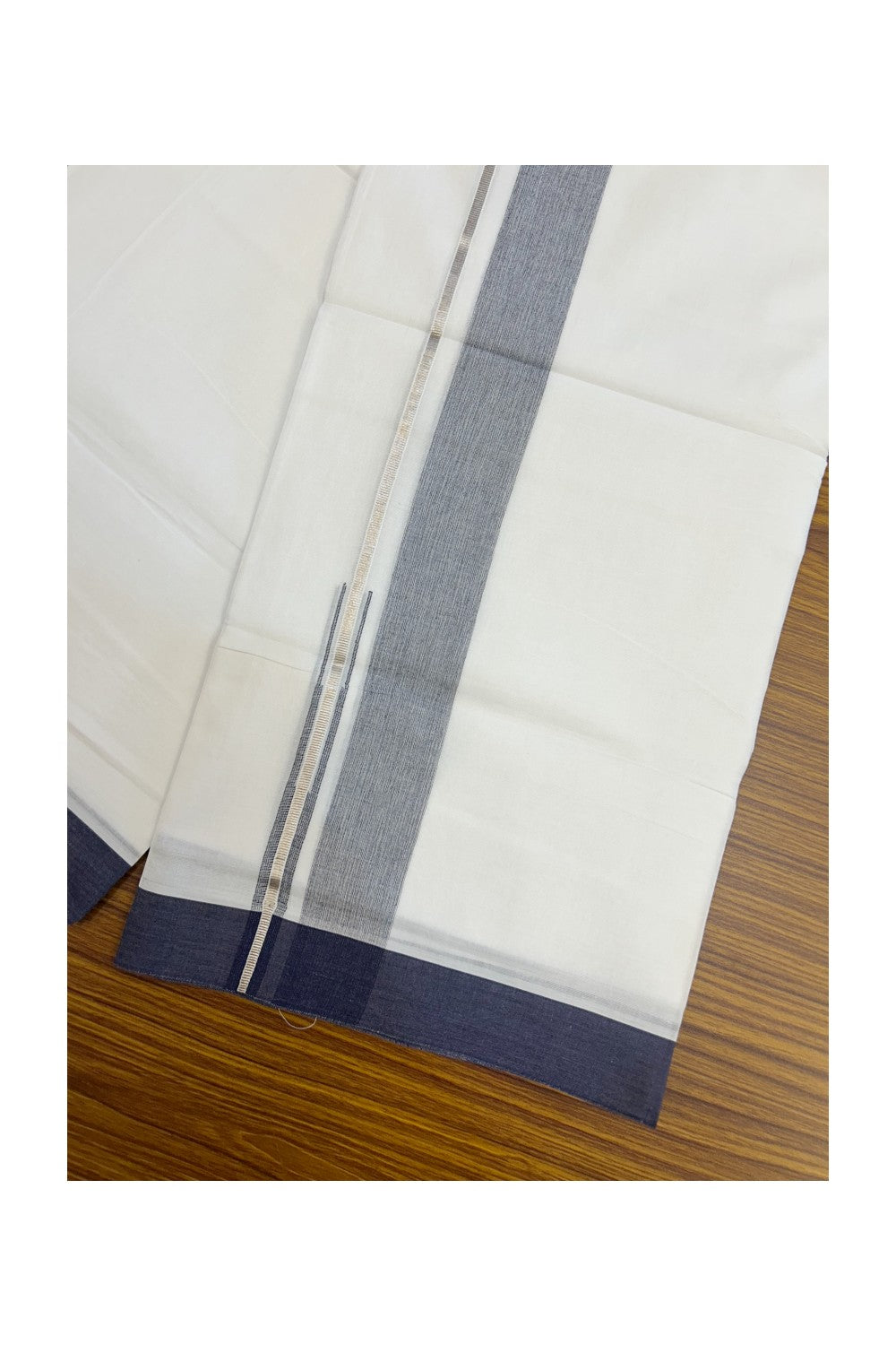 20% DISCOUNT!! Kaitharikada Balaramapuram 100% Pure Cotton PURE WHITE Double Mundu/Dothi - 100x80 - 1.75 Inch Silver Kasavu Navy Blue shaded Stripes Puliyilakkara Chutty - 32KK5217 CKS