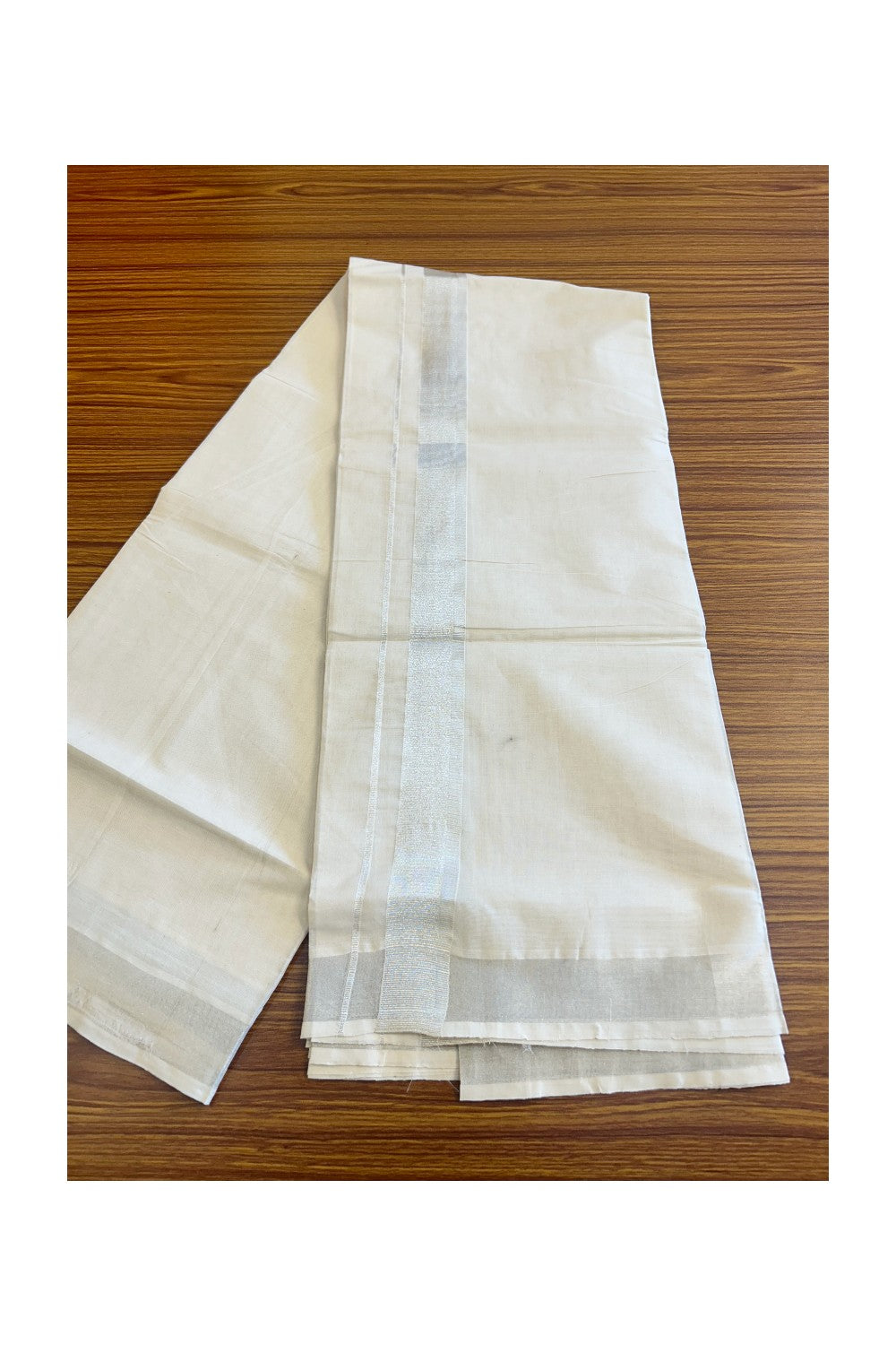 10% DISCOUNT ! KaithariKada Balaramapuram 100%  Cotton Double Off white (Unbleached) Mundu/Dhoti-100X100 - 2.25 INCH SILVER KASAVU Kara - 32KK78PMC