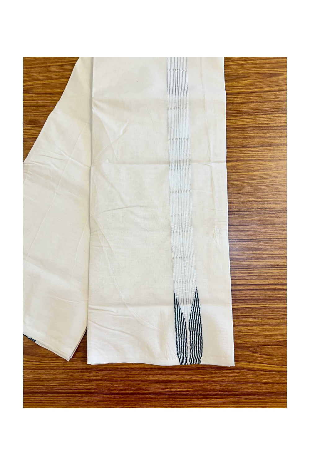 23% DISCOUNT ! KaithariKada 100% Cotton OFF WHITE (Unbleached) Double Dhoti/Mundu-  1.5inch 12 Line Dark Green Puliyilakkara Chutty & Silver Kasavu Stripes- 7KK414ASH