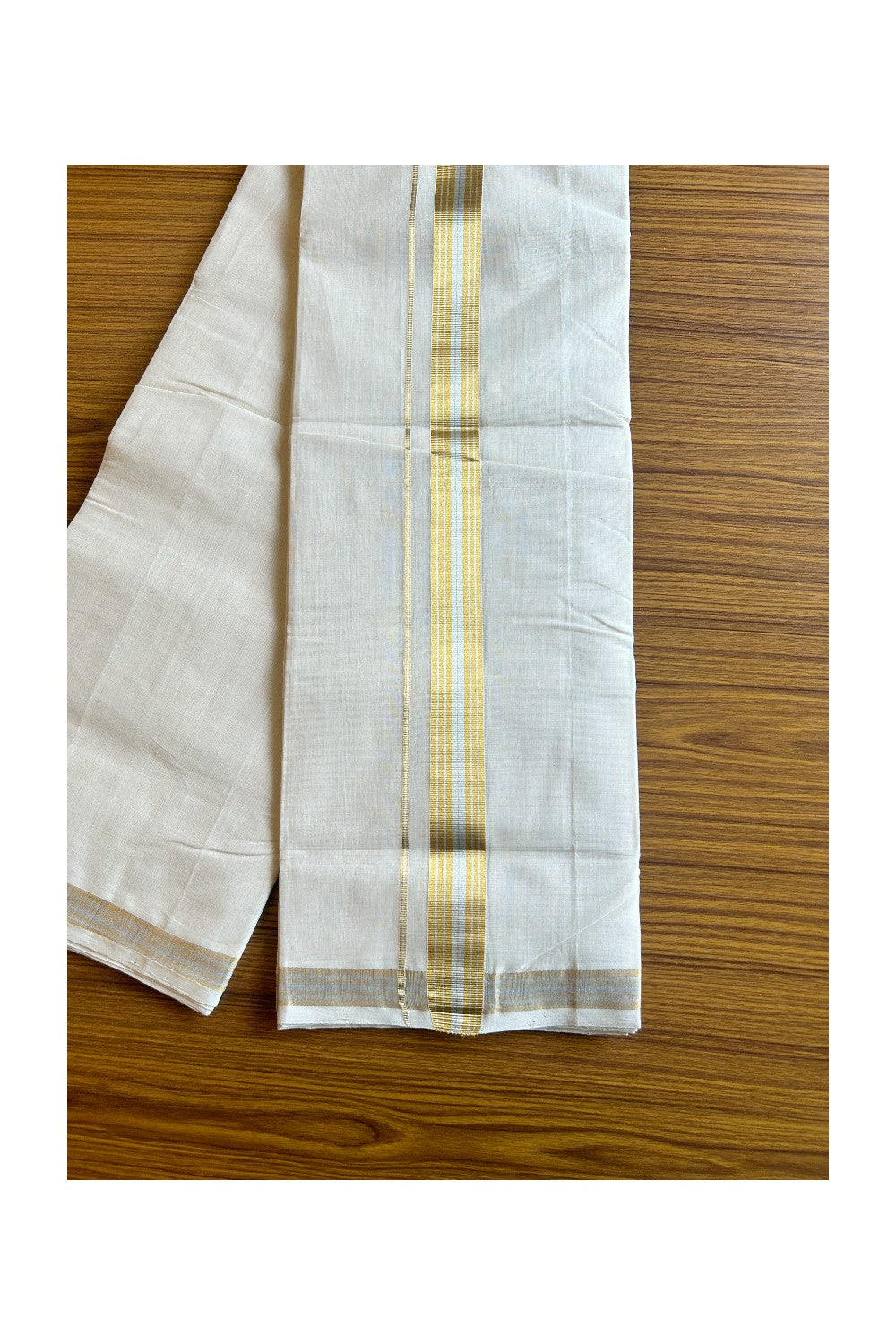 25% DISCOUNT!! KaithariKada HANDLOOM Millpaav Balaramapuram - 100% PURE Cotton OFF White- (Unbleached) Double Mundu/Dothi - 2 inch Gold & Silver kasavu stripes kara 3.50m - 32KK462RAM