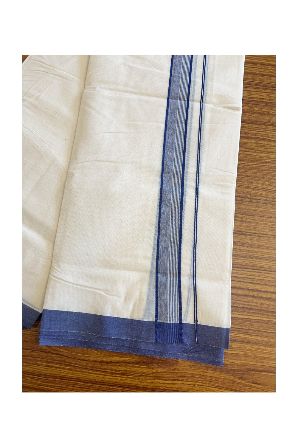 10% DISCOUNT ! KaithariKada Balaramapuram 100%  Cotton Double Off white - (Unbleached) Mundu/Dhoti - 100X100 - 2.25 inch - NAVY BLUE & STRIPES Kara - 2.