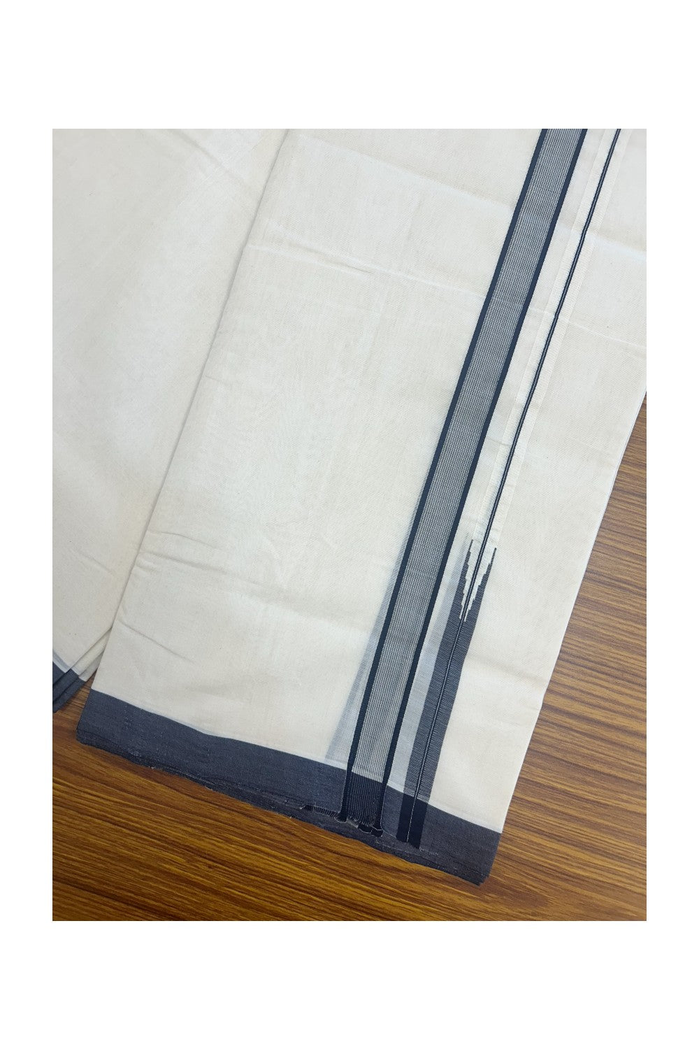 25% DISCOUNT!! KaithariKada HANDLOOM  UNAKKUPAAV Balaramapuram - 100% PURE Cotton OFF White - (Unbleached) Double Mundu/Dothi - 100X100 - 1 inch Navy blue & white stripes Puliyilakkara chutty  - 2KK5167REA