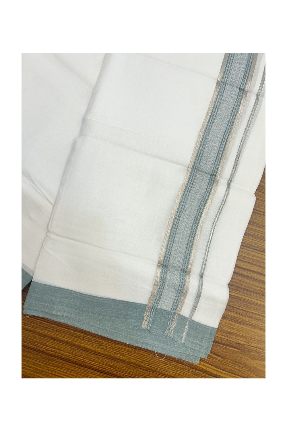 Linen Dhoti NEW! 20% Discount from Kaitharikada.com - Double Mundu/Dhoti 80x90 Thread PURE WHITE - Pure Cotton + Linen -1.75 Inch Sea Green & Silver Striped Kara - 32KK5174THI